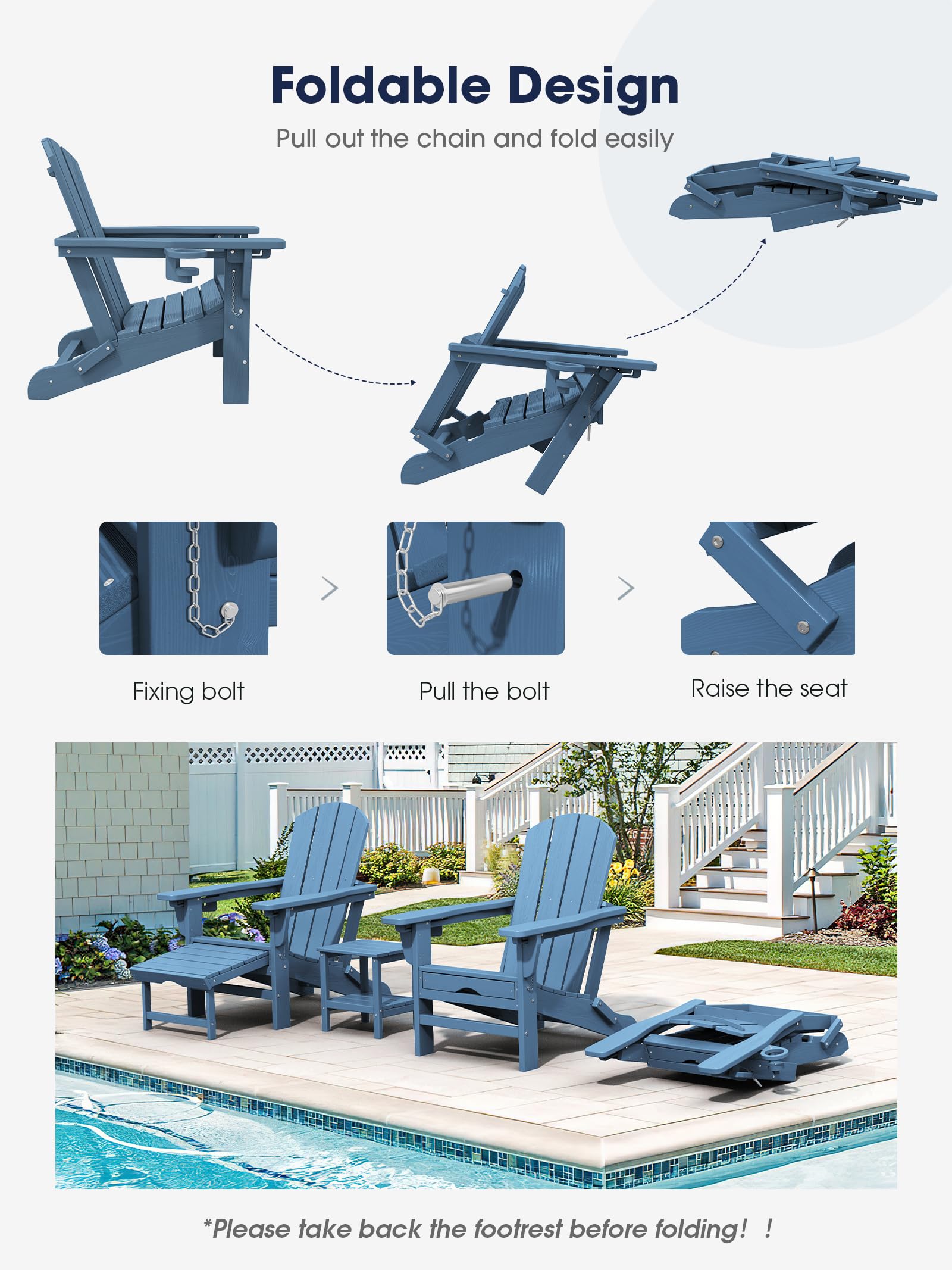 Kingyes Folding Adjustable Adirondack Chair With Retractable Ottoman Set Of 2, Hdpe Weather Resistance Outdoor Patio Chair With Cup Holders, Wood-Like Reclining Versatile Adirondack Chair, Blue