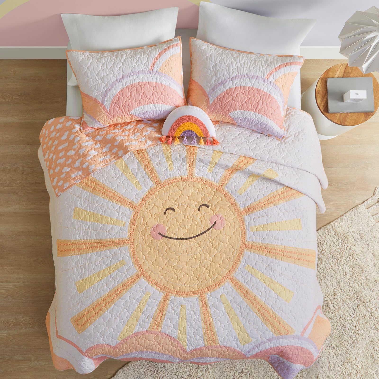 Urban Habitat Kids Queen Bedding Set Cotton Sun Full Size Quilt Sets For Girls Rainbow & Clouds Reversible Queen Coverlet Dawn L