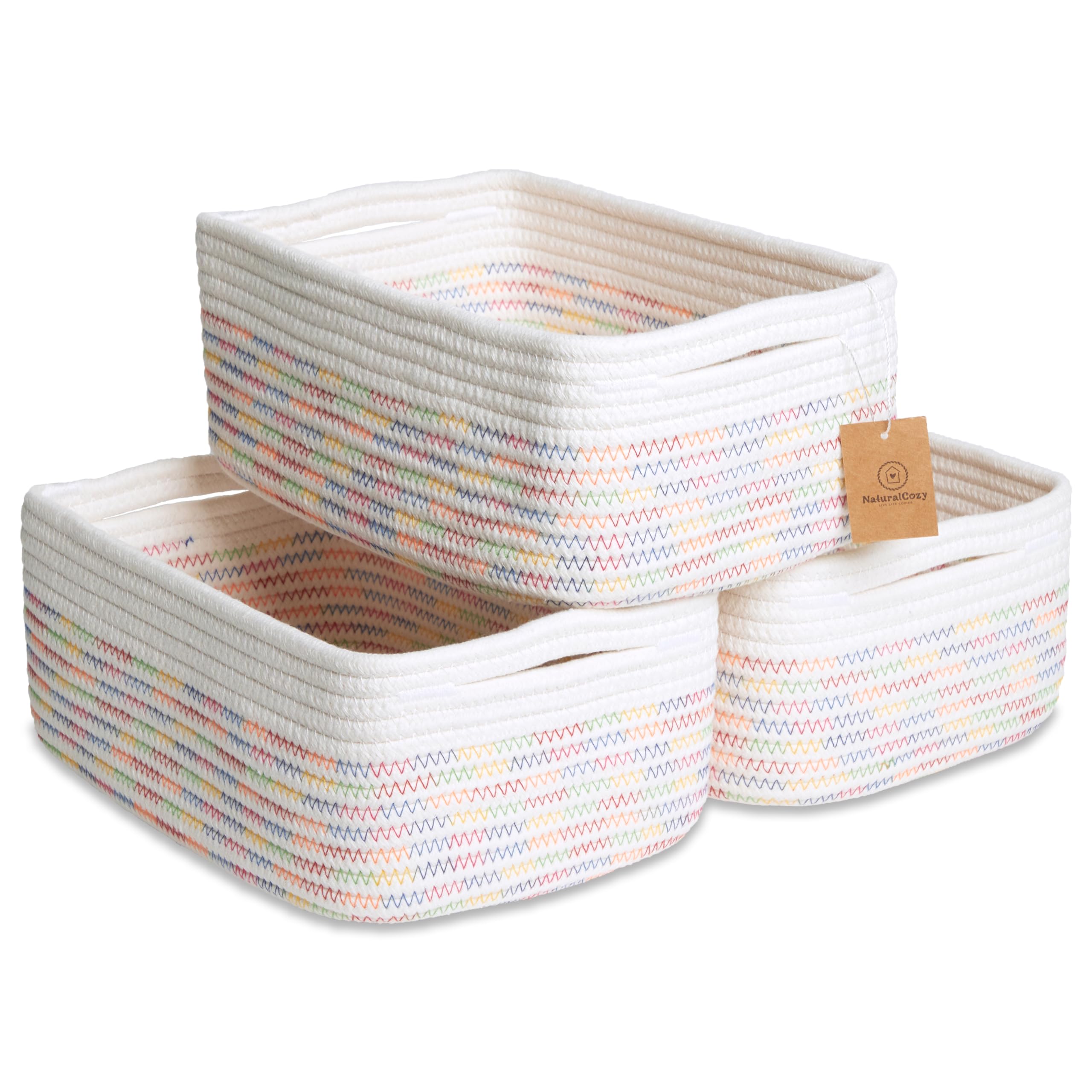 NaturalCozy 11.8x8x4.5    Rectangle Storage Baskets for Shelves 3 Pack | Cotton Rope Woven Small Baskets for Organizing | Small 