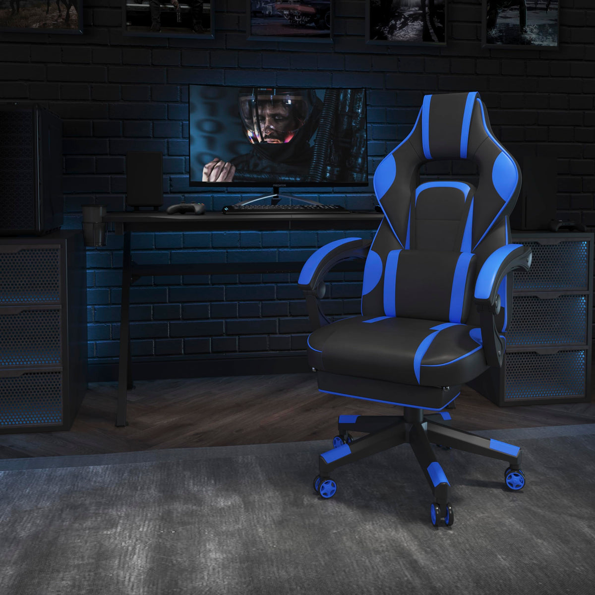 Flash Furniture X40 Gaming Chair Racing Ergonomic Computer Chair with Fully Reclining Back/Arms, Slide-Out Footrest, Massaging Lumbar - Black/Blue