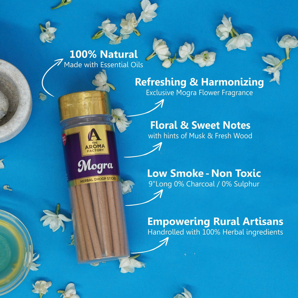 The Aroma Factory Mogra Dhoop Batti Sticks, Long Lasting Fragrance For Home Meditation, Natural & Herbal Dhoop For Pooja With Dh