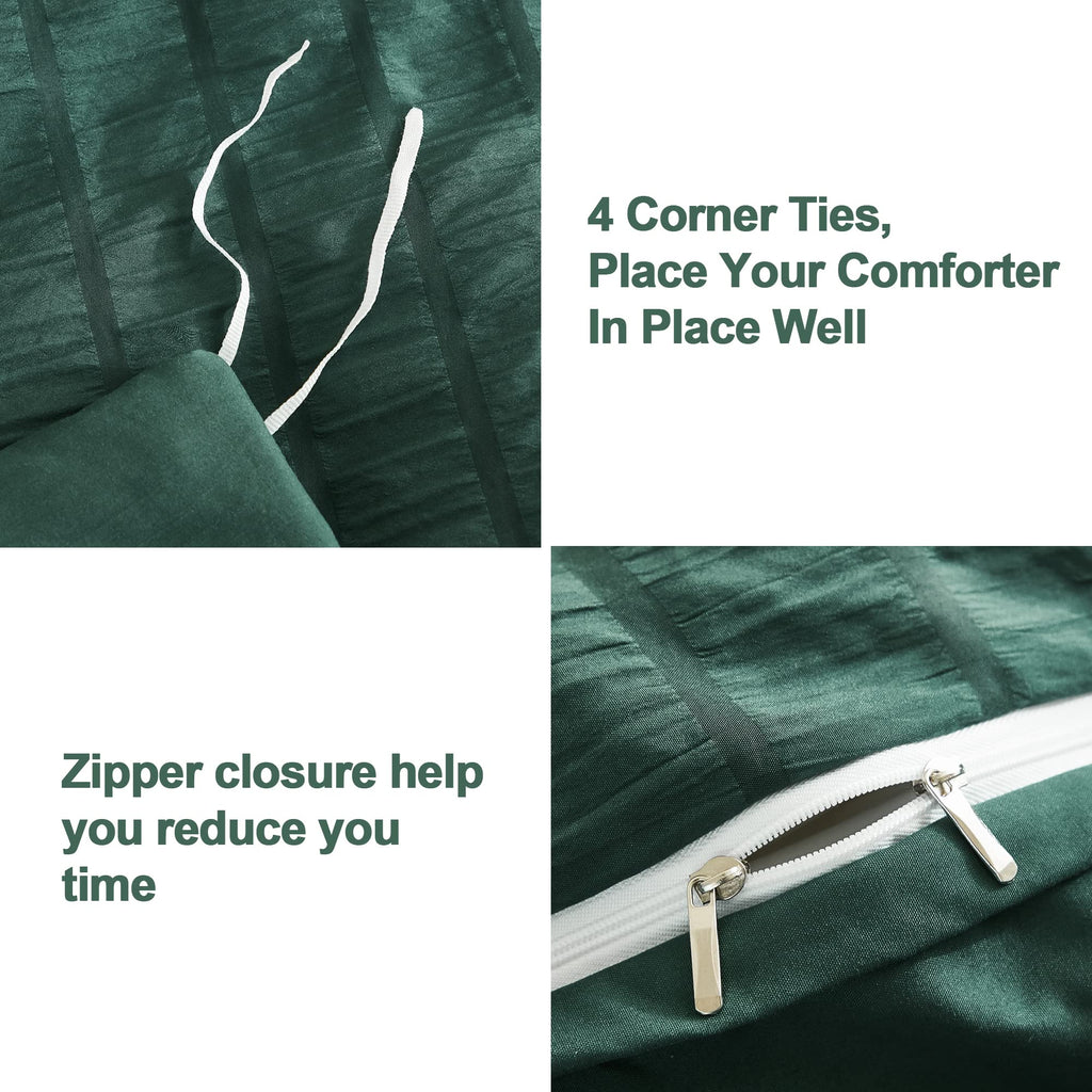 Avelom Dark Green Seersucker Duvet Cover Set King Size (104 X 90 Inches), 3 Pieces (1 Duvet Cover + 2 Pillow Cases), Ultra Soft Washed Microfiber, Textured Duvet Cover With Zipper Closure, Corner Ties