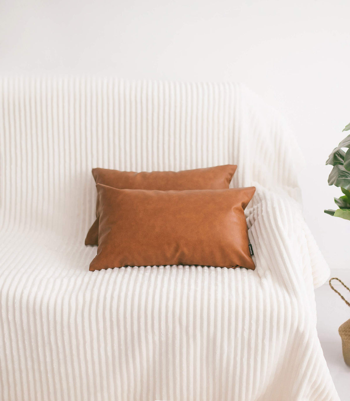 Homfiner Faux Leather Lumbar Throw Pillow Cover 12X20 Decorative Bedroom Living Room Modern Boho Accent Rectanglar Cognac Brown