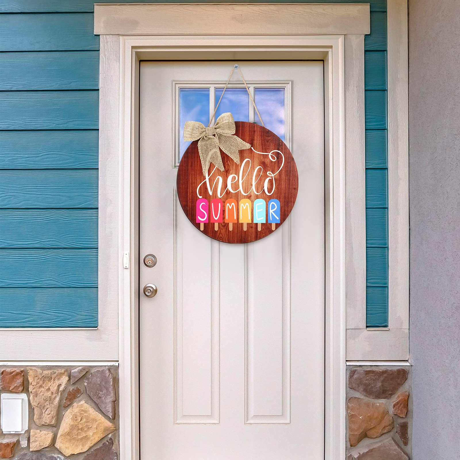 Hello Summer Sign 12 X 12 Inch Summer Welcome Sign Front Door Decor Farmhouse Porch Decoration Round Wooden Hanging Sign For Hom