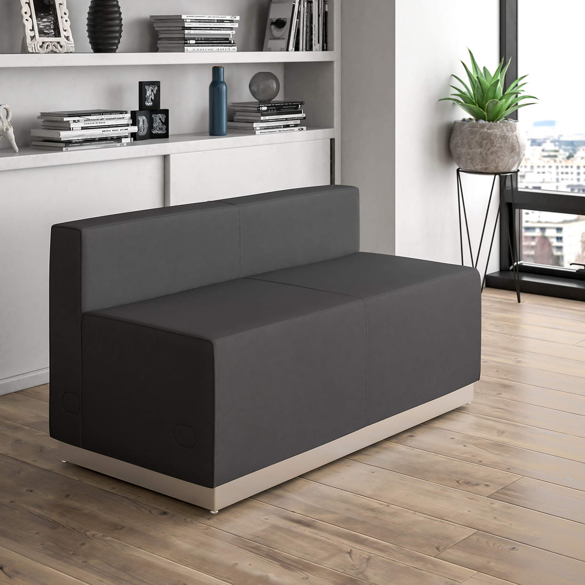 Flash Furniture HERCULES Alon Series Black LeatherSoft Loveseat with Brushed Stainless Steel Base