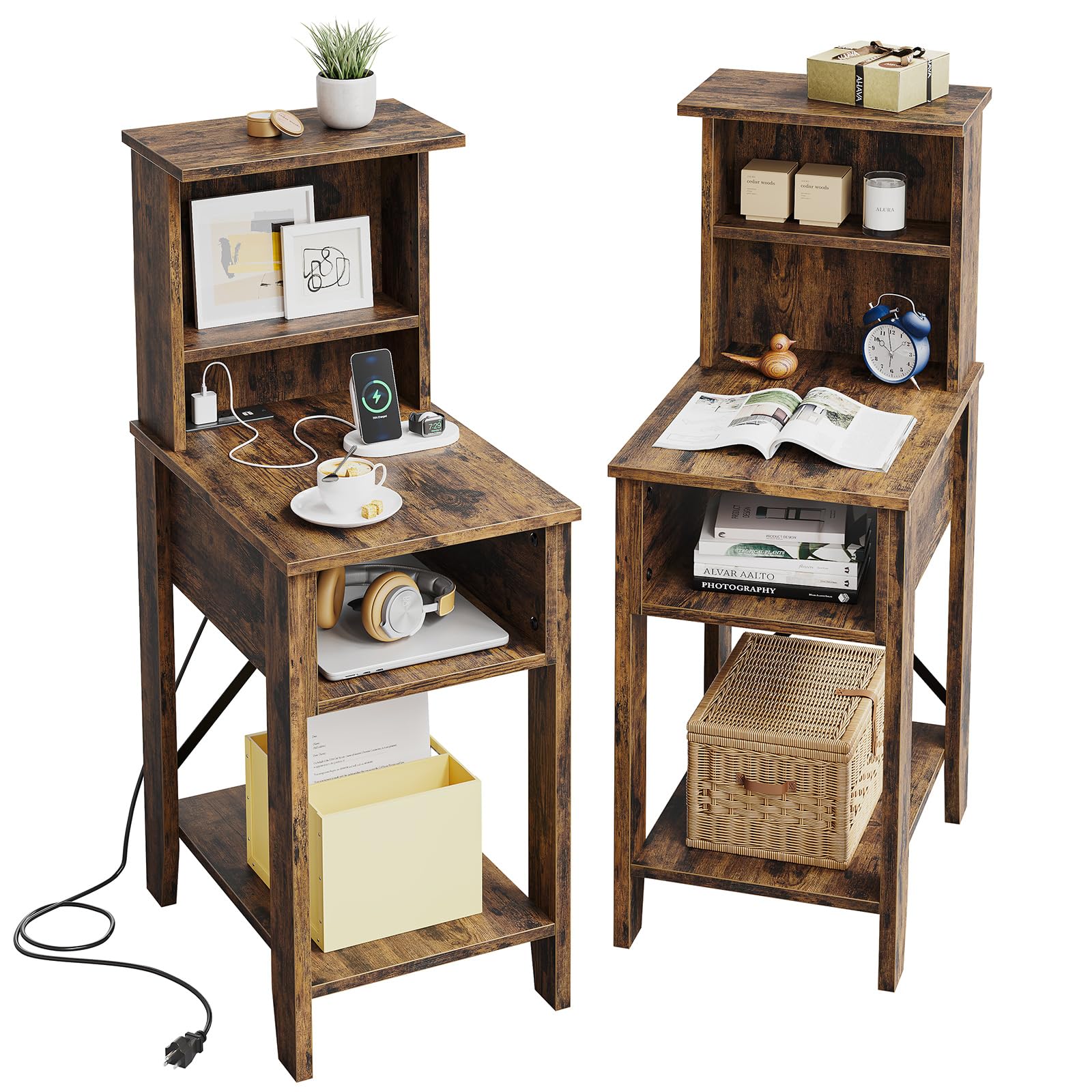Bestier Tall Bedroom End Tables Set of 2 Rustic Nightstand Charging Nightstand Set of 2 Farmhouse Bedside Tables Set of 2 Tall S