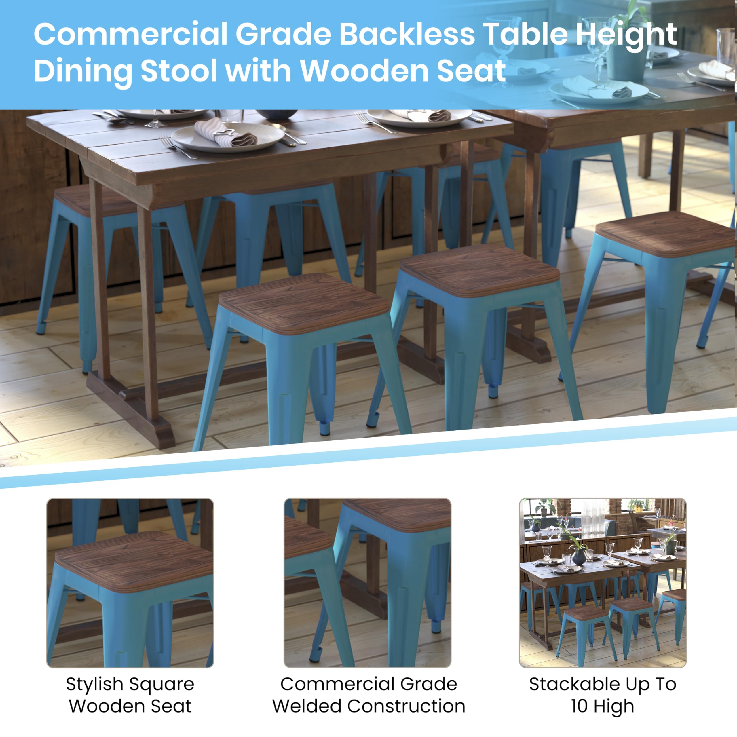 Flash Furniture Metal Dining Table Height Stool with Wooden Seat Set of 4 - Backless Teal Kai Commercial Grade Stool - Kai 18" Stackable Dining Chairs