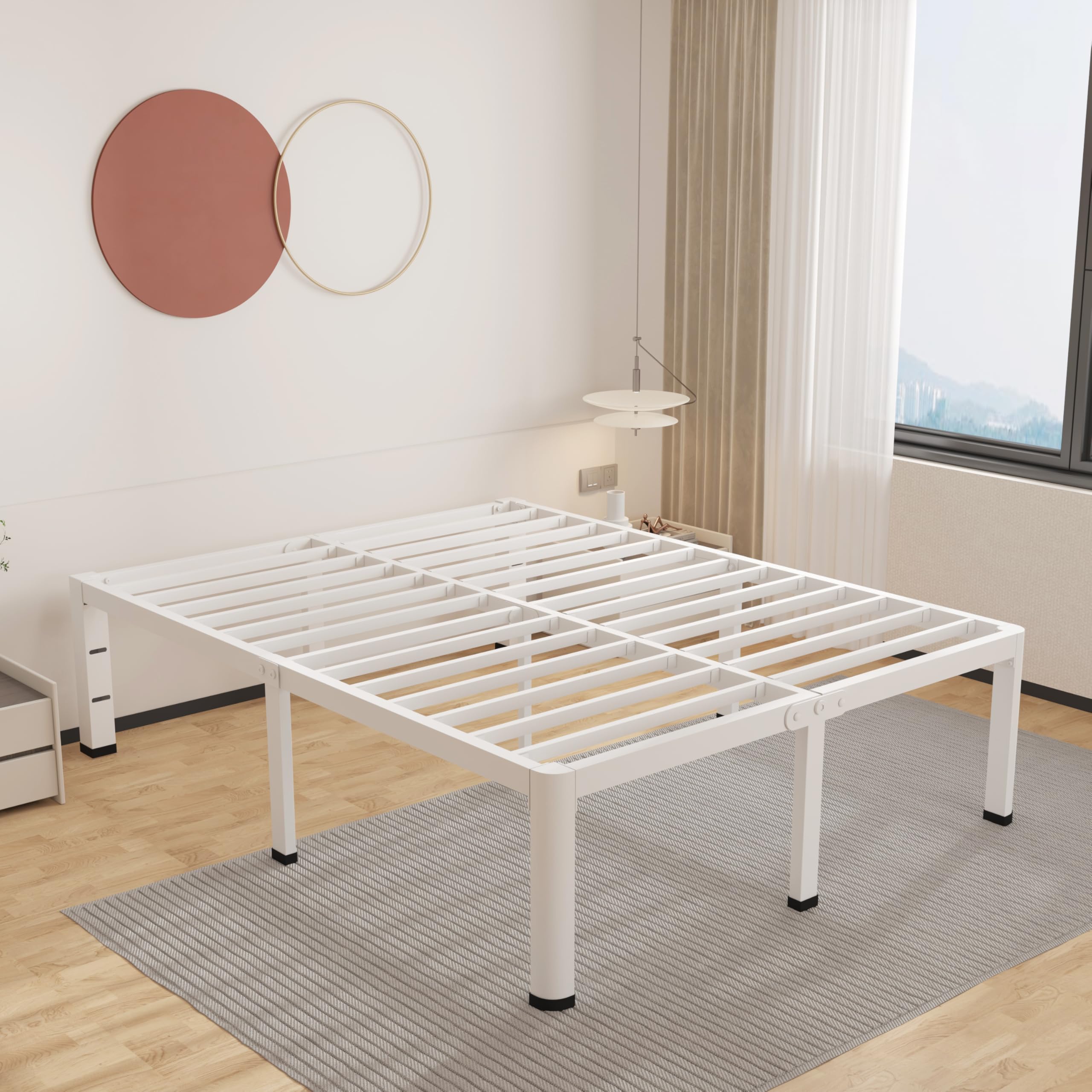 ROIL 12 Inch White King Bed Frame with Rounded Corner and Headboard Hole Mattress Retainers, 3500LBS Heavy Duty Steel Slats No B