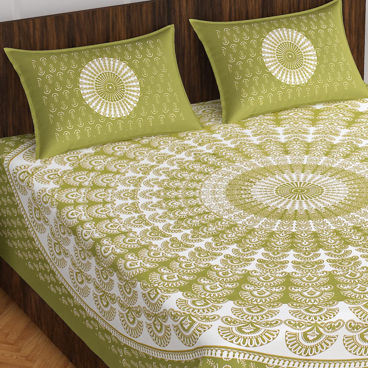 BedZone 100% Cotton Rajasthani Jaipuri Traditional Floral King Size Double Bedsheet with 2 Pillow Covers  Green Peacock Pankh