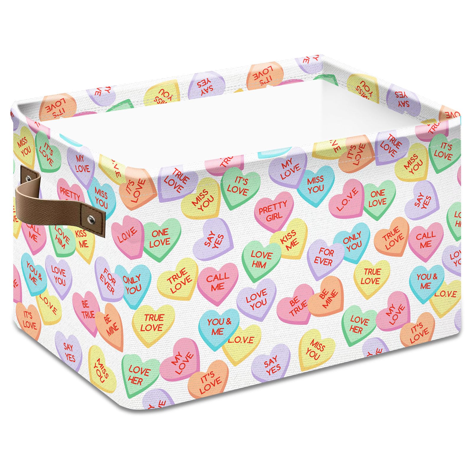JarThenaAMCS Valentine's Day Storage Basket with Handles Conversation Heart Cube Storage Bin Foldable Fabric Storage Container B