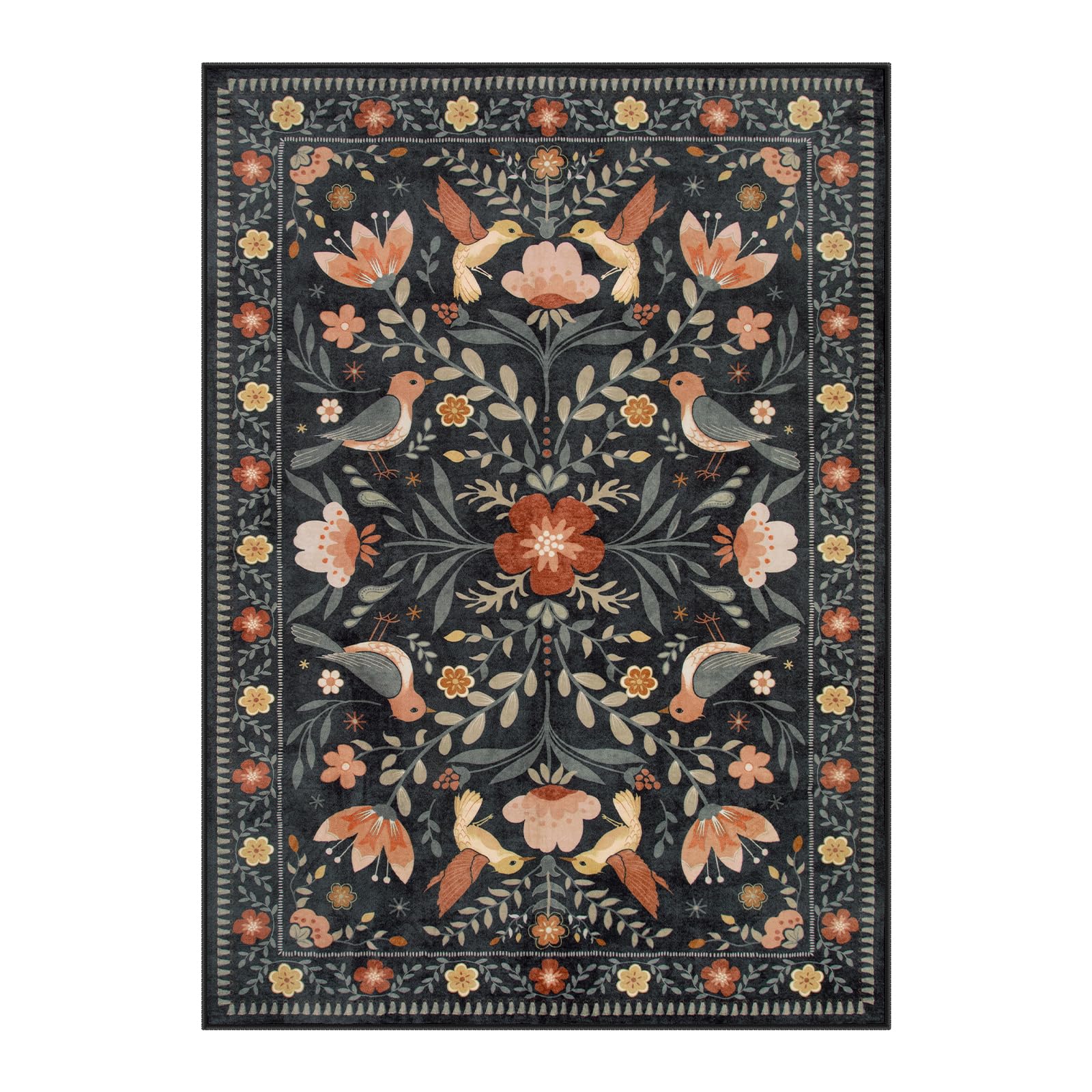 Moynesa Boho Bird 5x7 Area Rugs for Living Room, Black Floral Living Room Rug 5x7 Washable Low-Pile Bedroom Rug Non Slip, Vintag