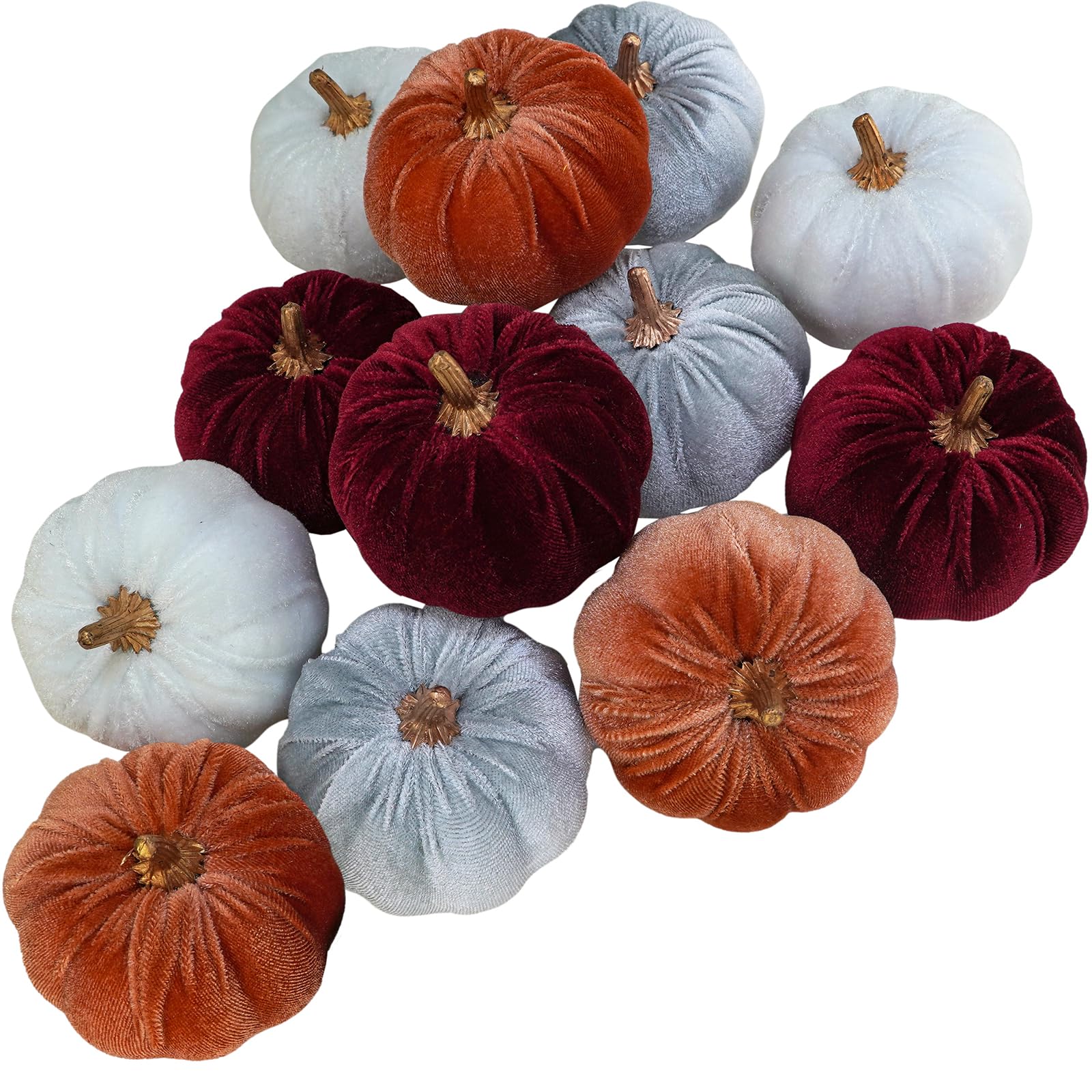 Winlyn 12 Pcs Assorted Small Faux Rustic Velvet Pumpkins Decorative Fabric Pumpkins Foam Pumpkins in Burgundy Bronze Gray White 