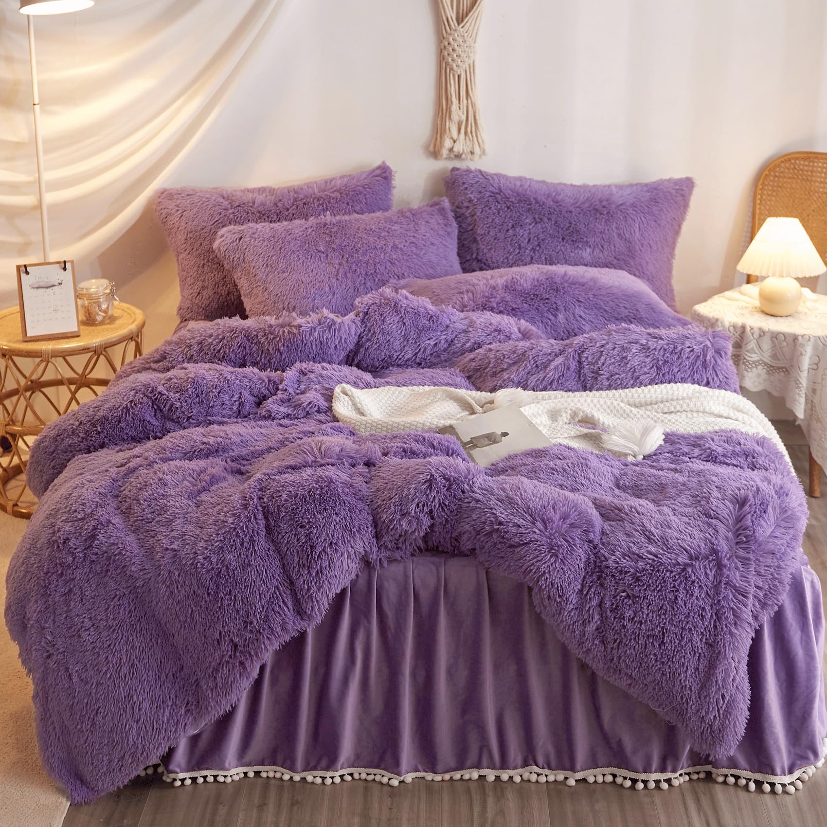 Haihua Fluffy Purple Comforter Cover Twin Set,Faux Fur Purple Comforter Set 2 Pieces(1 Plush Duvet Cover +1 Shaggy Pillowcases)