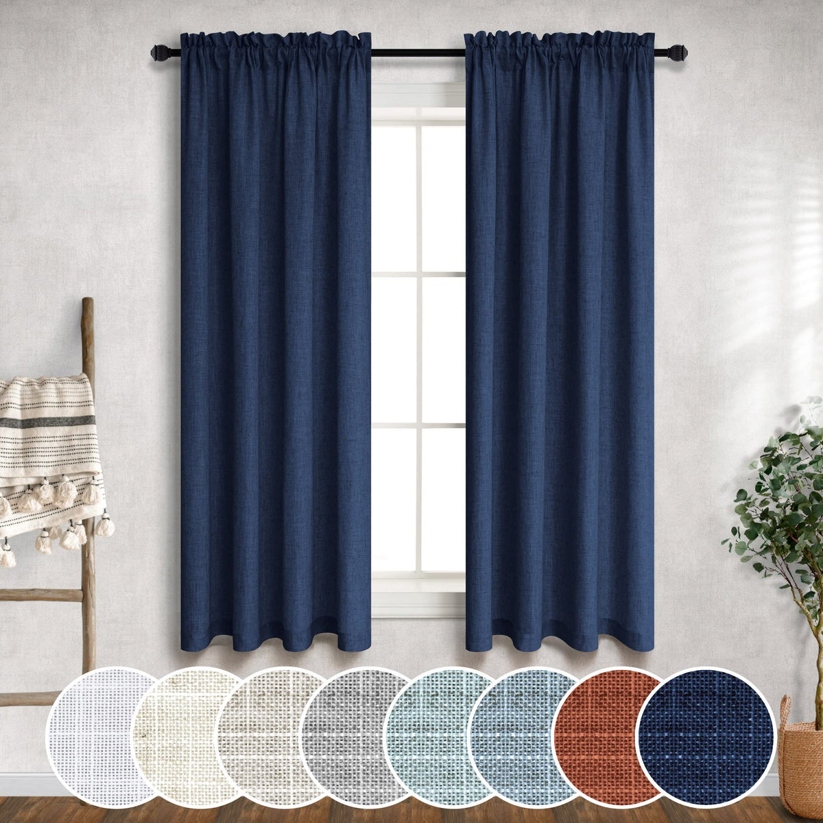 Navy Blue Curtains 38 Inch Width for Kitchen Farmhouse Pair 2 Panels Set Rod Pocket Light Reducing Semi Sheer Linen Dark Blue Curtains for Bathroom Window Door Entryway Decor Wide 38 x 45 Inch Length