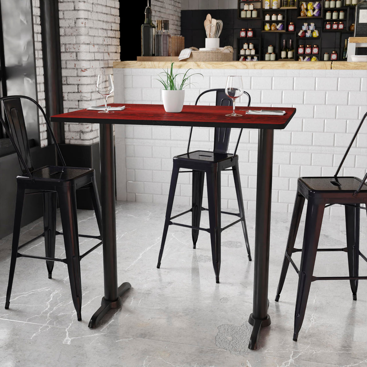 Flash Furniture Stiles 30'' x 42'' Rectangular Mahogany Laminate Table Top with 5'' x 22'' Bar Height Table Bases