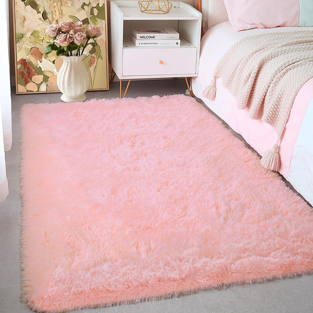 Kchowua Pink Fluffy Shag Rugs For Bedroom Girls,4X6 Machine Washable Soft Shaggy Fuzzy Throw Cute Large Area Rug For Living Room