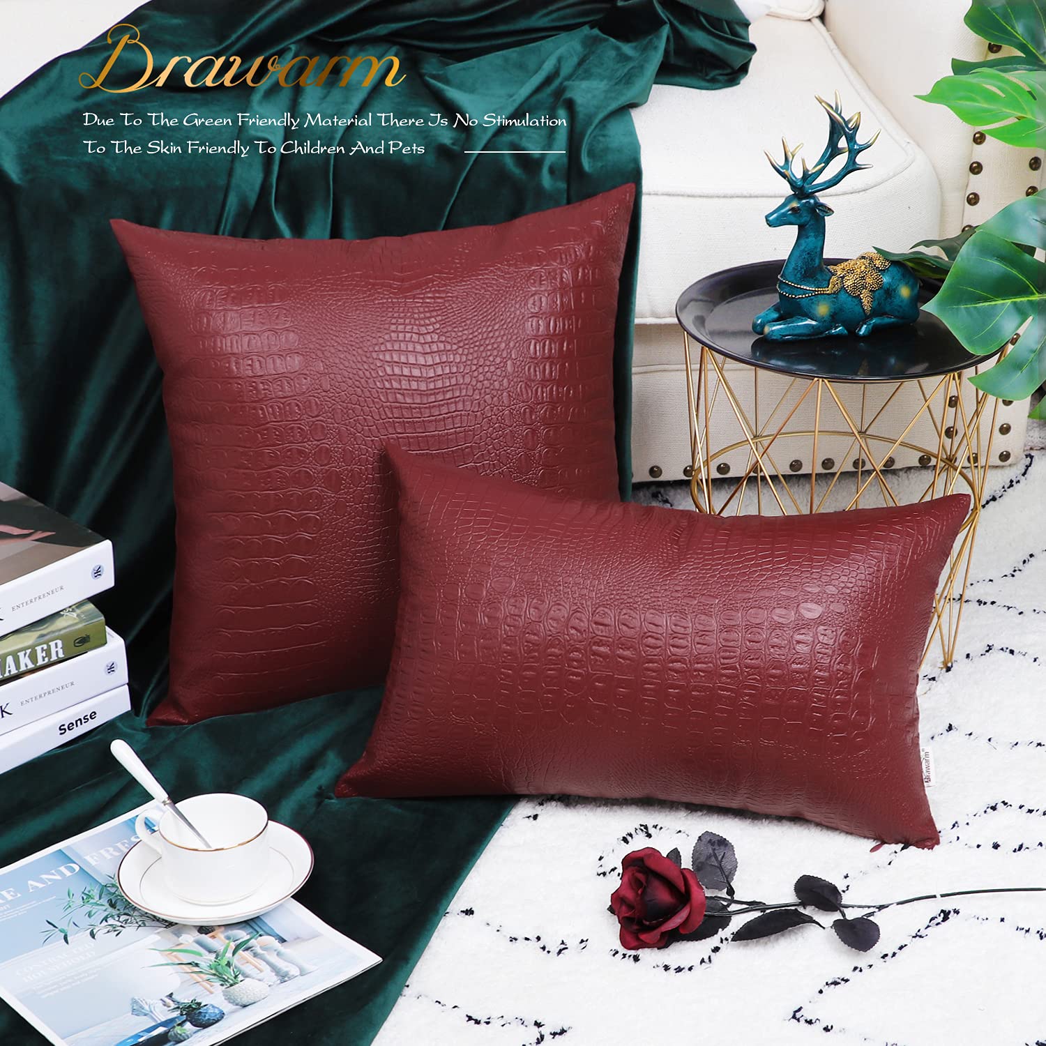 Brawarm Faux Leather Pillow Covers 16 X 16 Inches, Deep Red Leather Pillow Covers Pack Of 2, Crocodile Leather Decorative Throw