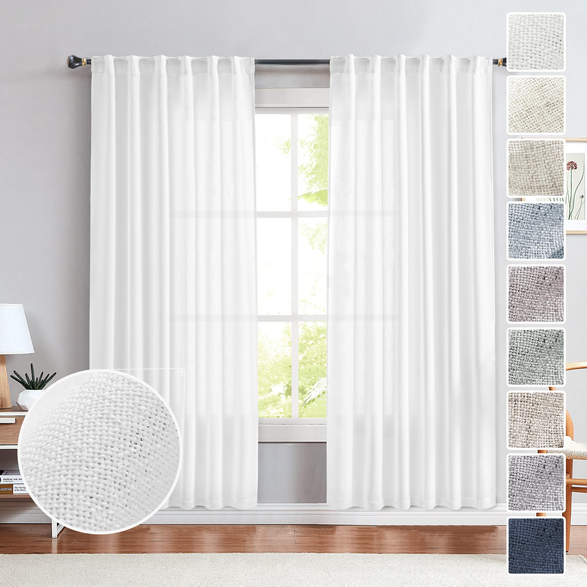 White Linen Sheer Curtains 72 Inches Long for Living Room 2 Panel Set Back Tab Light Filtering Privacy Farmhouse Faux Linen Blen