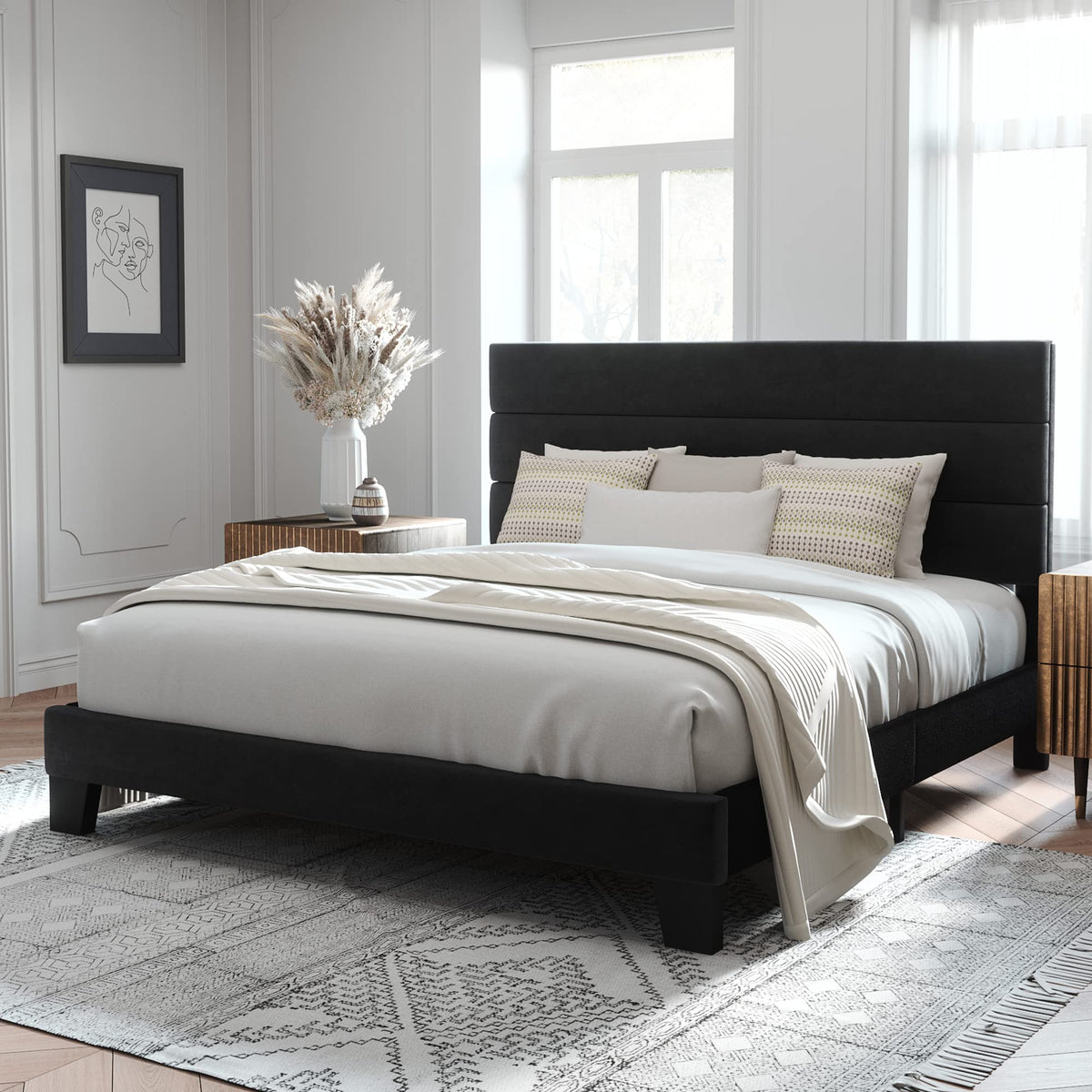 Allewie King Size Platform Bed Frame With Velvet Upholstered Headboard And Wooden Slats Support, Fully Upholstered Mattress Foundation/No Box Spring Needed/Easy Assembly, Black