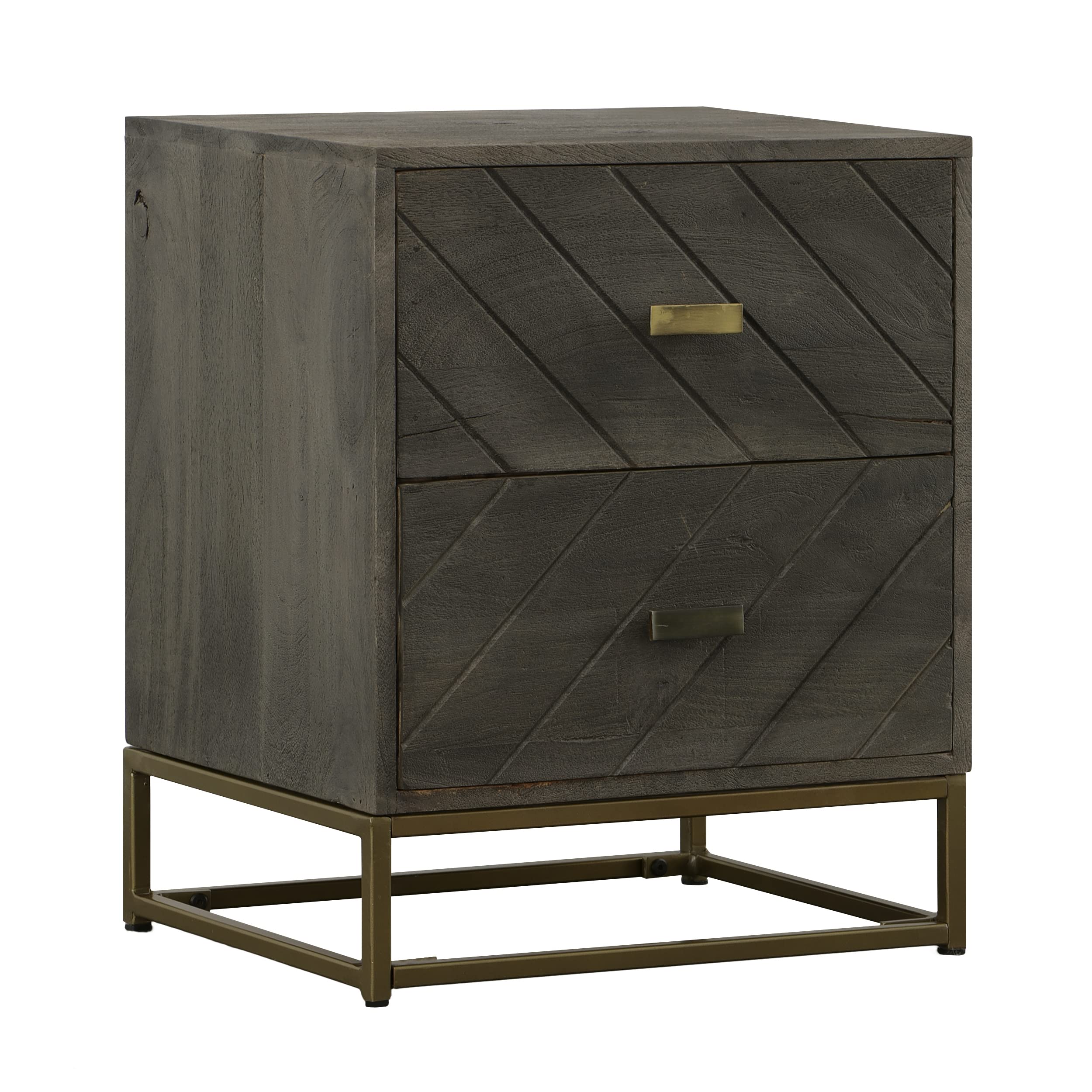 The Urban Port End 22-Inches 2-Drawer Mango Wood Bedside Table with Tubular Metal Base, Grey, UPT-237996