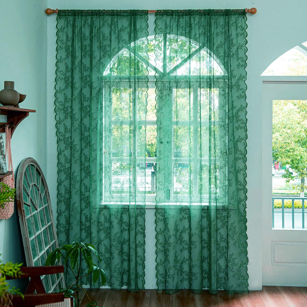 Deeprove Dark Emerald Green Lace Sheer Curtains 84 inches Long 2 Panels Set, Hunter Florals Vintage Window Treatment Xmas Christ
