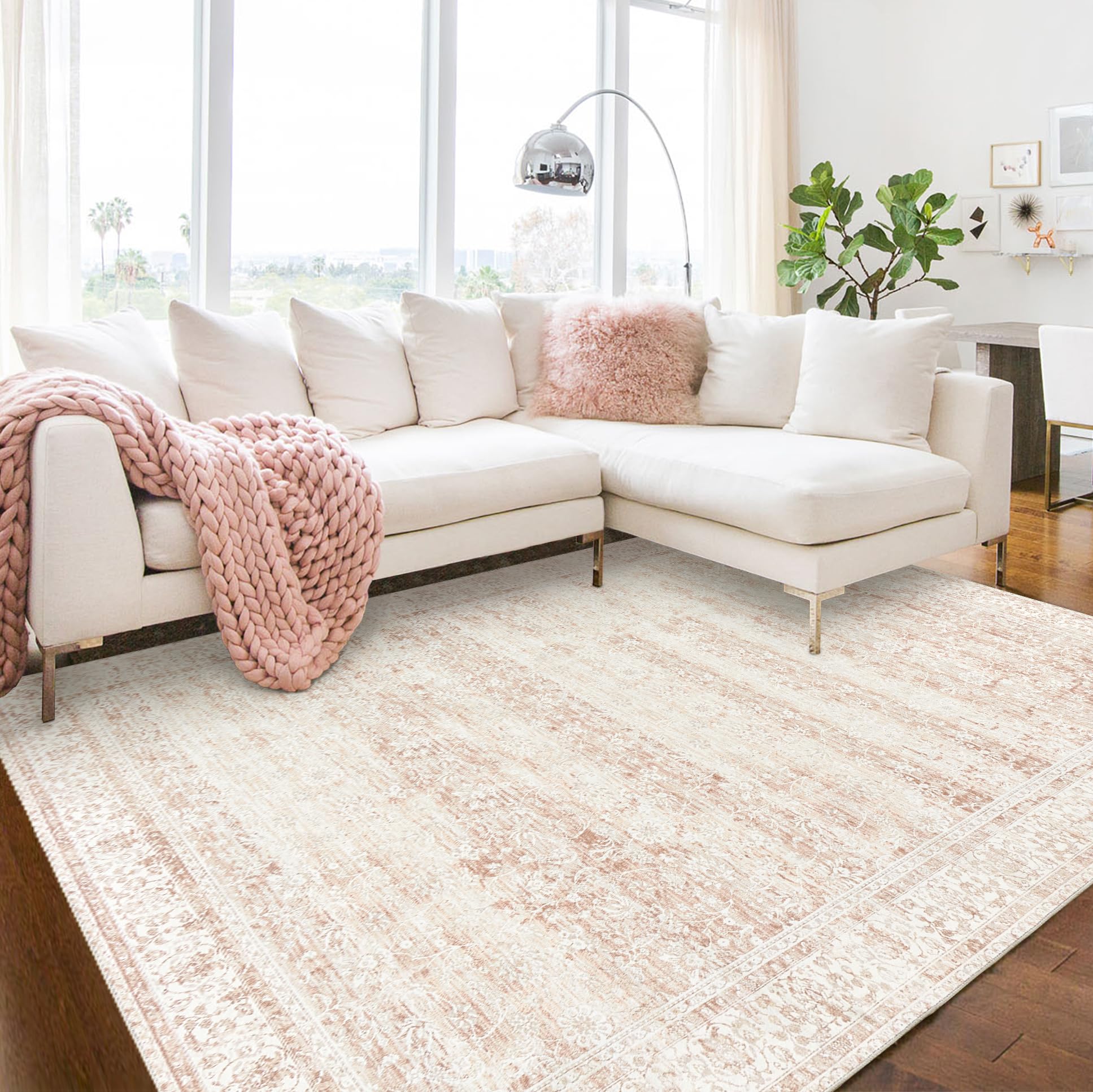 BILEEHOME Nursery Rug for Baby Girl Neutral Blush Pink Boho Floral Washable Soft Faux Wool Area Rugs for Living Room Bedroom, 5x