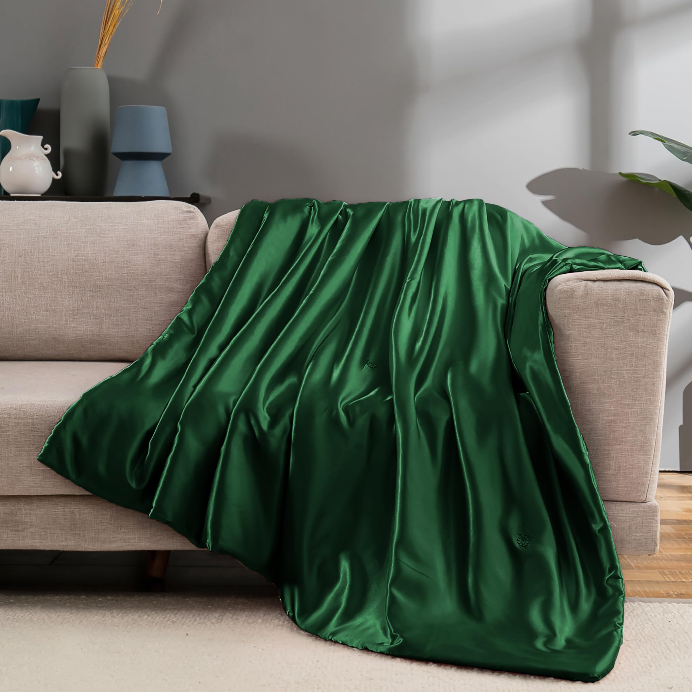 Vonty Satin Throw Blanket Dark Green Satin Blankets 90X90 Inches(With Small Flowers), Cooling & Silky Throw Blanket Wrinkle-Free