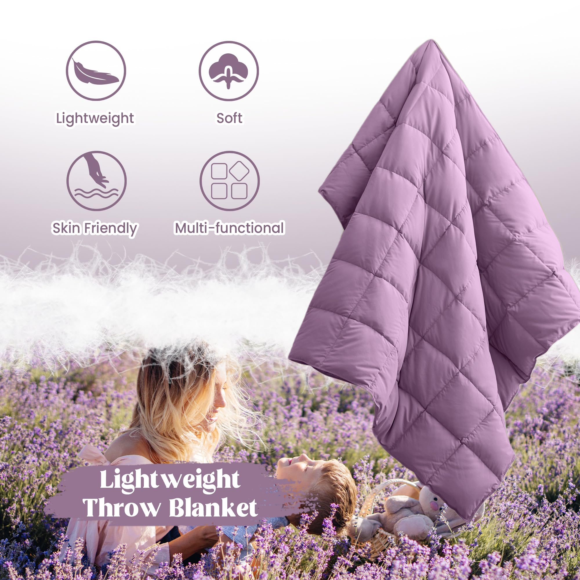 puredown Soft Feather Down Throw Blanket Lightweight Packable Couch Throw Lavender 50"X70"
