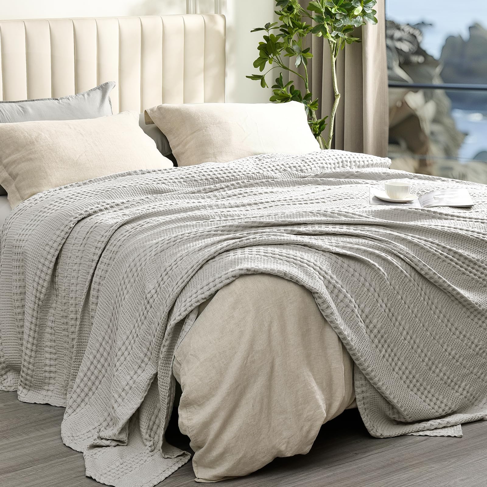 Phf Cooling Waffle Blanket King Size, Lightweight 60% Rayon Derived From Bamboo & 40% Cotton Breathable Blanket For Hot Sleepers, Soft And Luxury For Bed Couch And Sofa, 104'X90', Grey