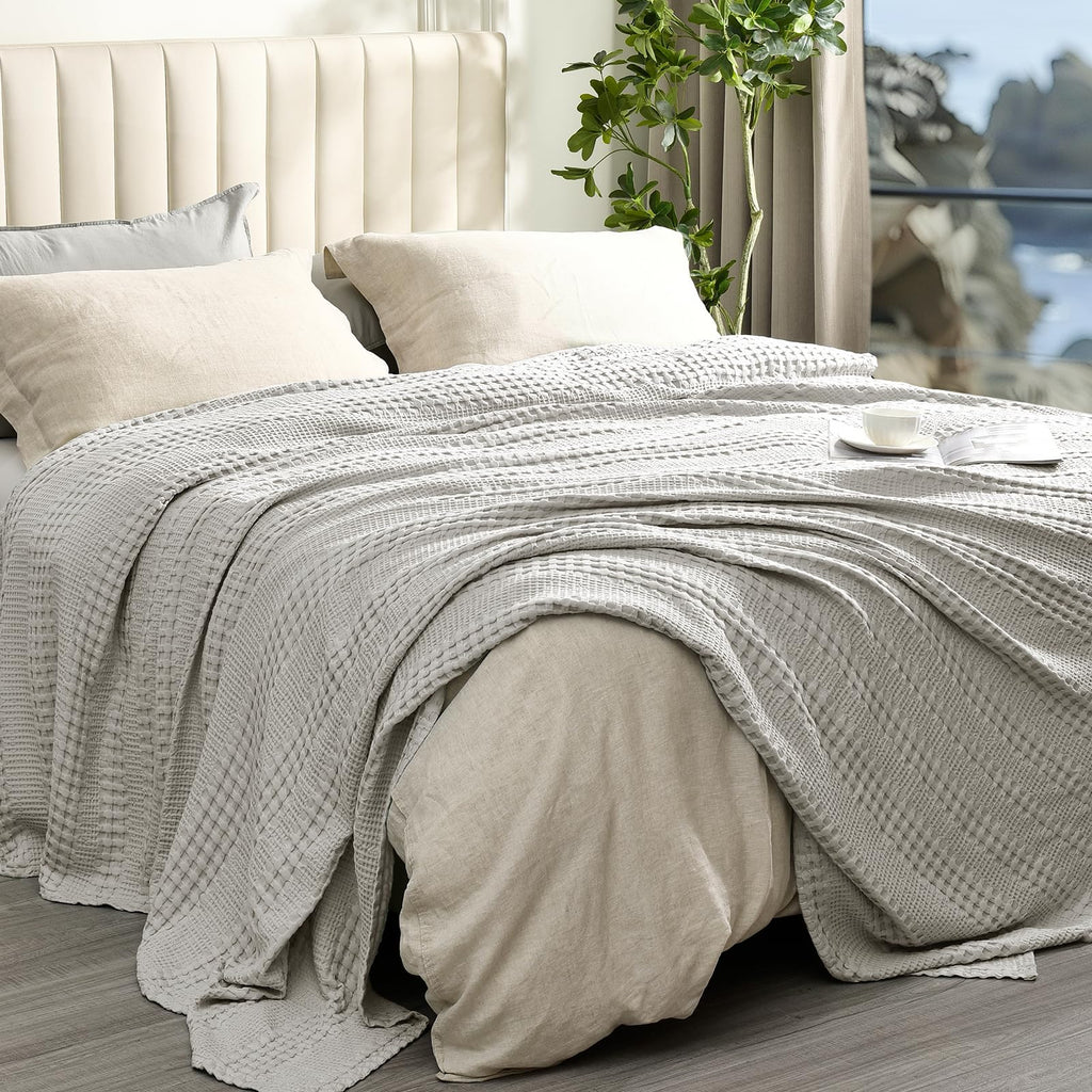 Phf Cooling Waffle Blanket Queen Size, Lightweight 60% Rayon Derived From Bamboo & 40% Cotton Breathable Blanket For Hot Sleepers, Soft And Luxury For Bed Couch And Sofa, 90'X90', Grey