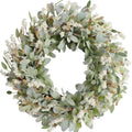24 Inch Summer Spring Ivory Flowers Wreath for Front Door, Everyday Lamb Ears Leaves Wreath with White Artificial Flower for Ind