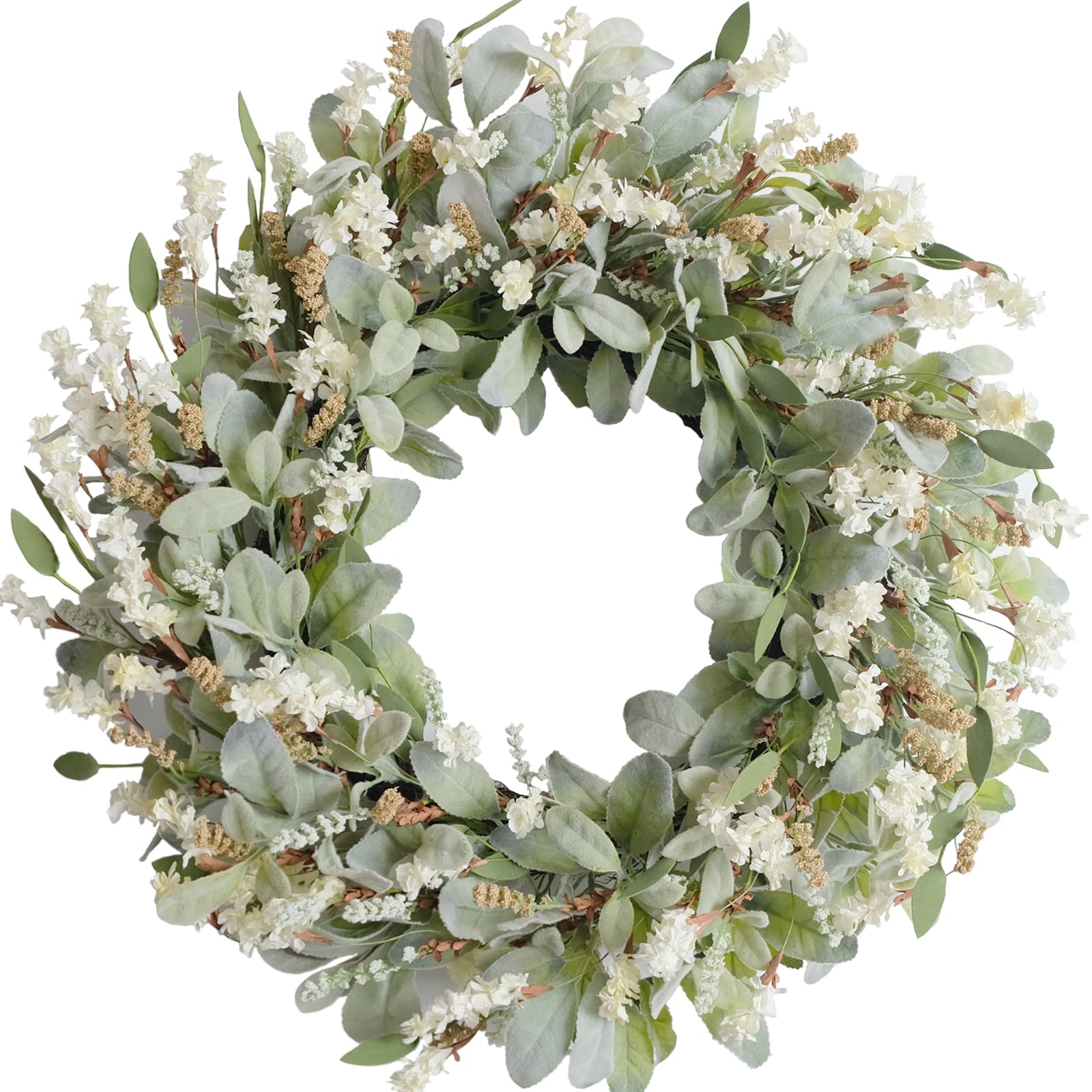 24 Inch Summer Spring Ivory Flowers Wreath for Front Door, Everyday Lamb Ears Leaves Wreath with White Artificial Flower for Ind