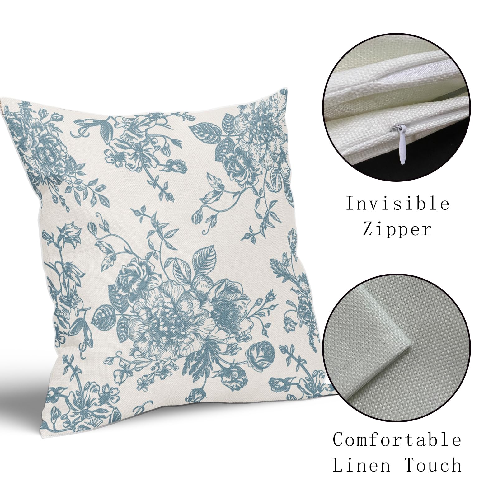 Smoke Blue And Cream Floral Pillow Covers 18X18 Inch Set Of 2 Vintage Floral Throw Pillow Covers Chinoiserie Flower Pillowcases