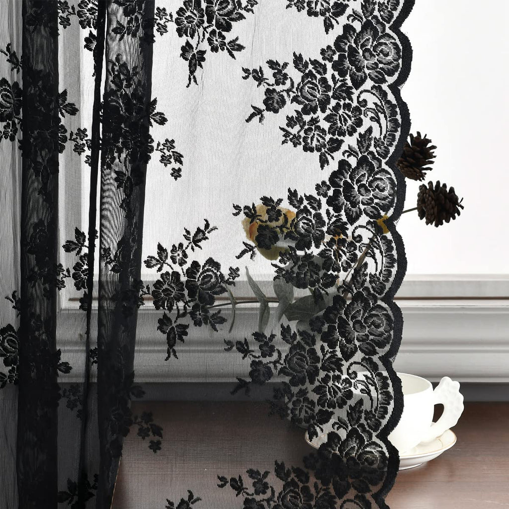 Kotile Black Lace Curtains 80 Inches Long 2 Panels Set, Farmhouse Rustic Floral Gothic Lace Curtains for Living Room, Rod Pocket