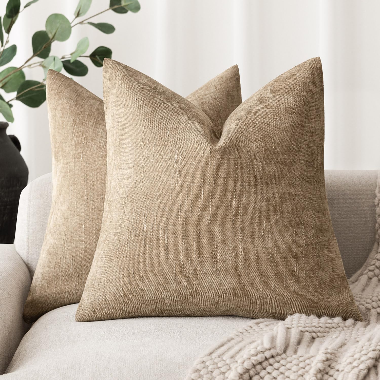 Foindtower Pack Of 2 Textured Chenille Throw Decorative Pillow Covers Square Accent Solid Cushion Cover Neutral Farmhouse Pillow