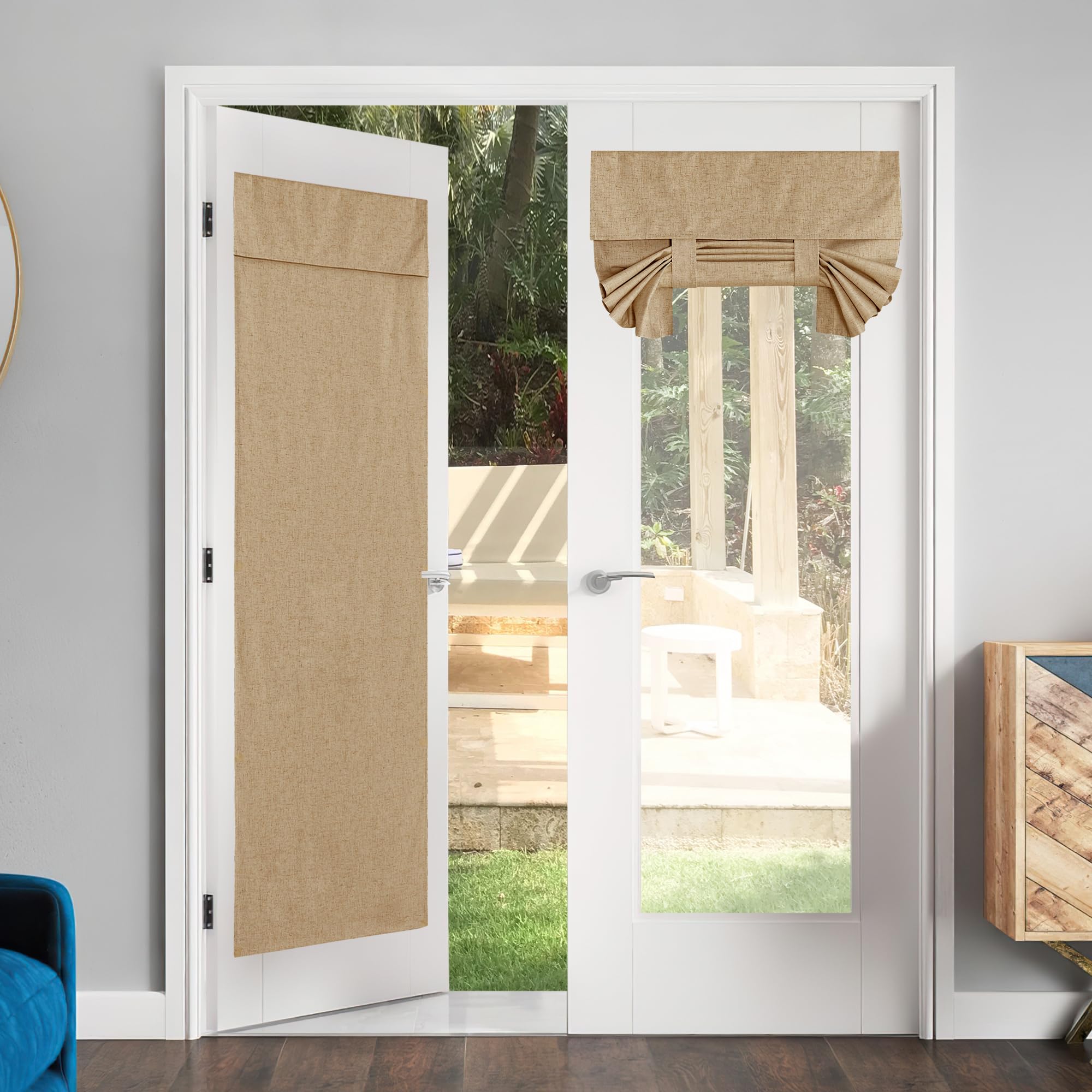 Nicetown Linen French Blackout Door Window Curtains, Privacy Front Door Curtains For Glass, Thermal Insulated Tie Up Shades Window Covering, Camel, 36' Wide X 72' Long, 1 Panel