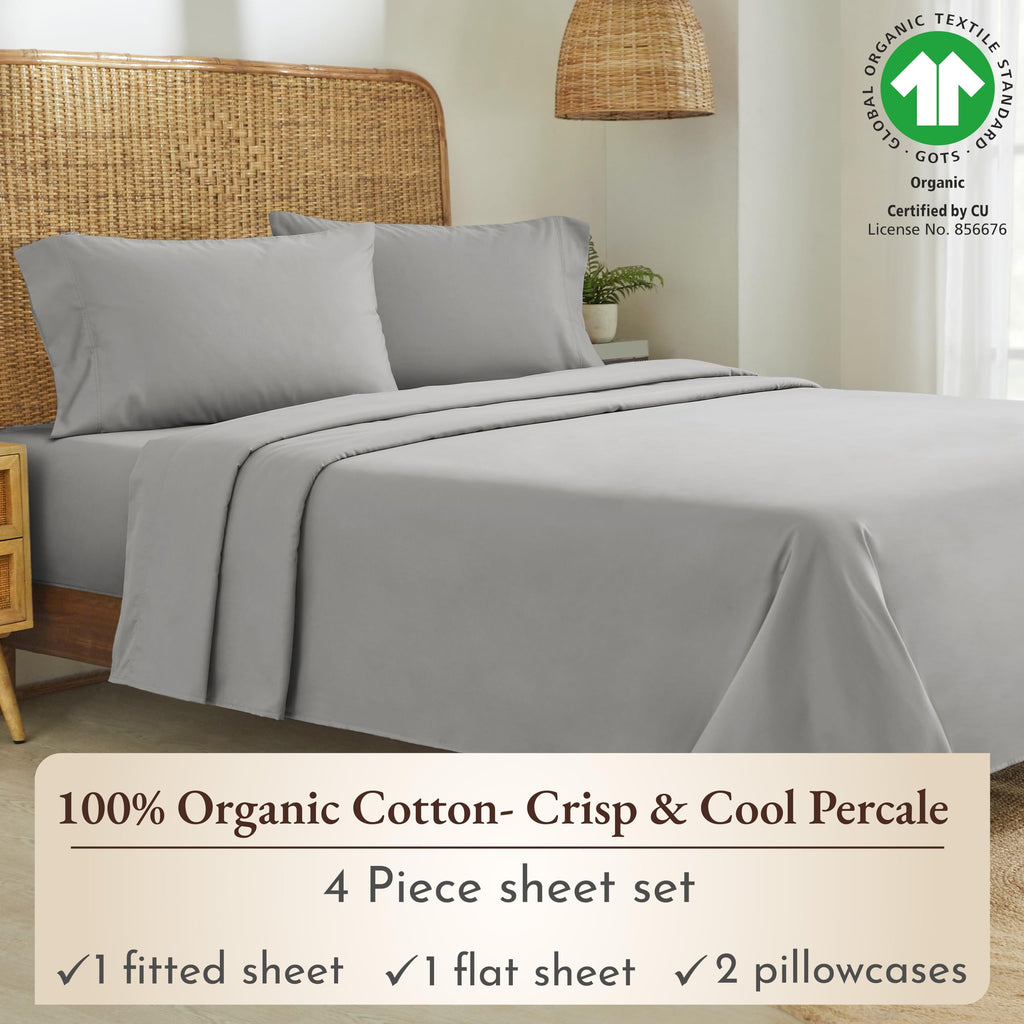 California Design Den Percale Full Size Sheet Set, Deep Pocket 100% Organic Cotton Sheets, Gots Certified, Soft, Breathable & Cooling Sheets Full Size Bed, Light Grey Sheets