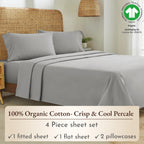 California Design Den Percale Full Size Sheet Set, Deep Pocket 100% Organic Cotton Sheets, Gots Certified, Soft, Breathable & Cooling Sheets Full Size Bed, Light Grey Sheets