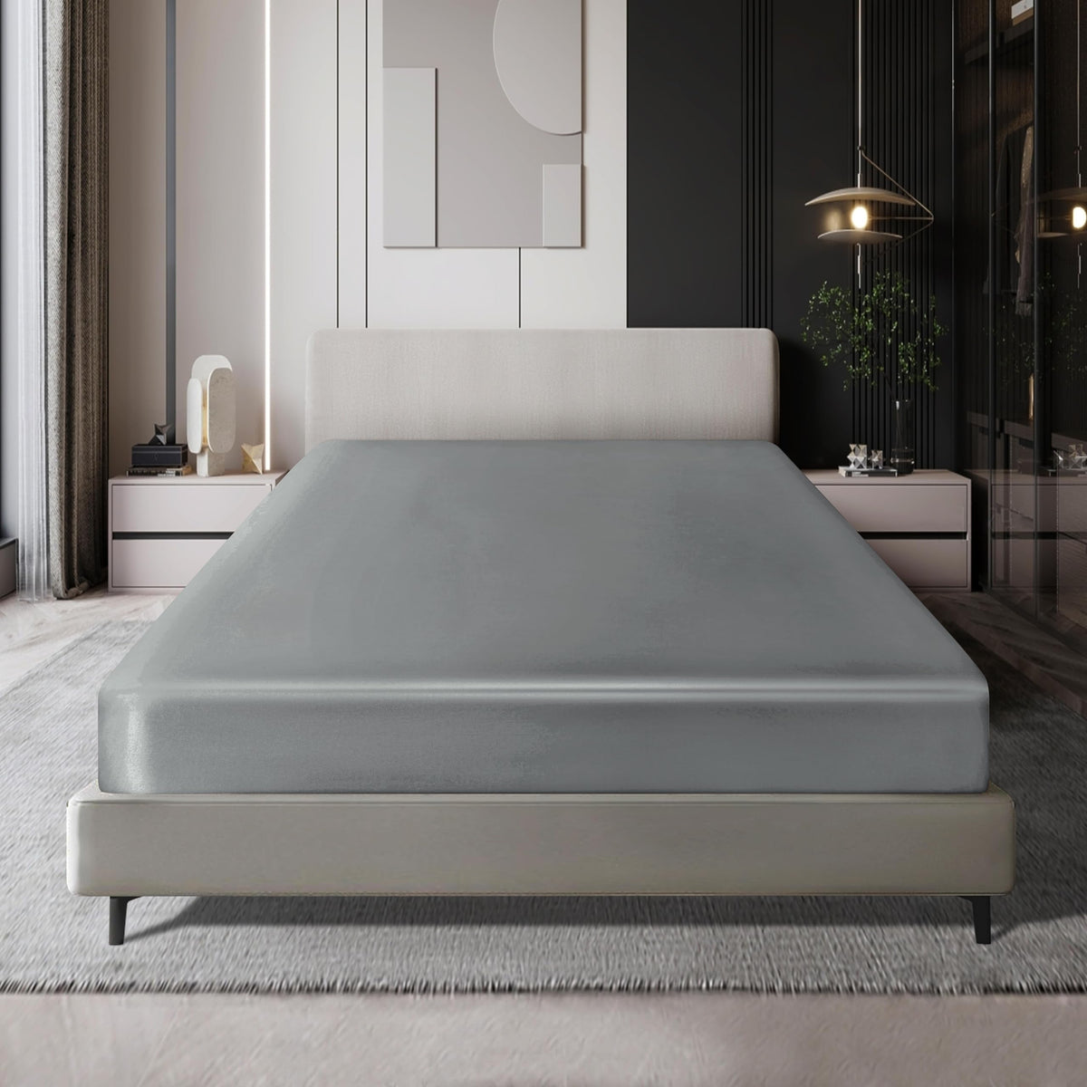 Milvowoc Twin Satin Fitted Sheet, Light Gray Fitted Sheet Only Soft Bottom Fitted Sheet, Fitted Bed Sheets - 1 Piece