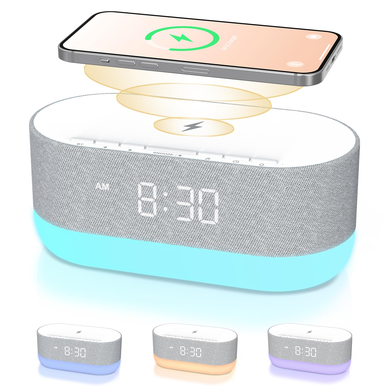 HOUSBAY 3 in 1 Sound Machine Alarm Clock& Wireless Charger:Soothing White Noise, Bluetooth Music Relaxation & Customized Sleep-W