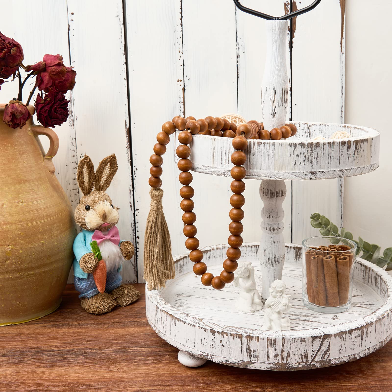 Omishe Wood Bead Garland With Tassels, 59In Wooden Beads Garland, Decorative Beads Garland Decor, Farmhouse Beads Garland For Wa