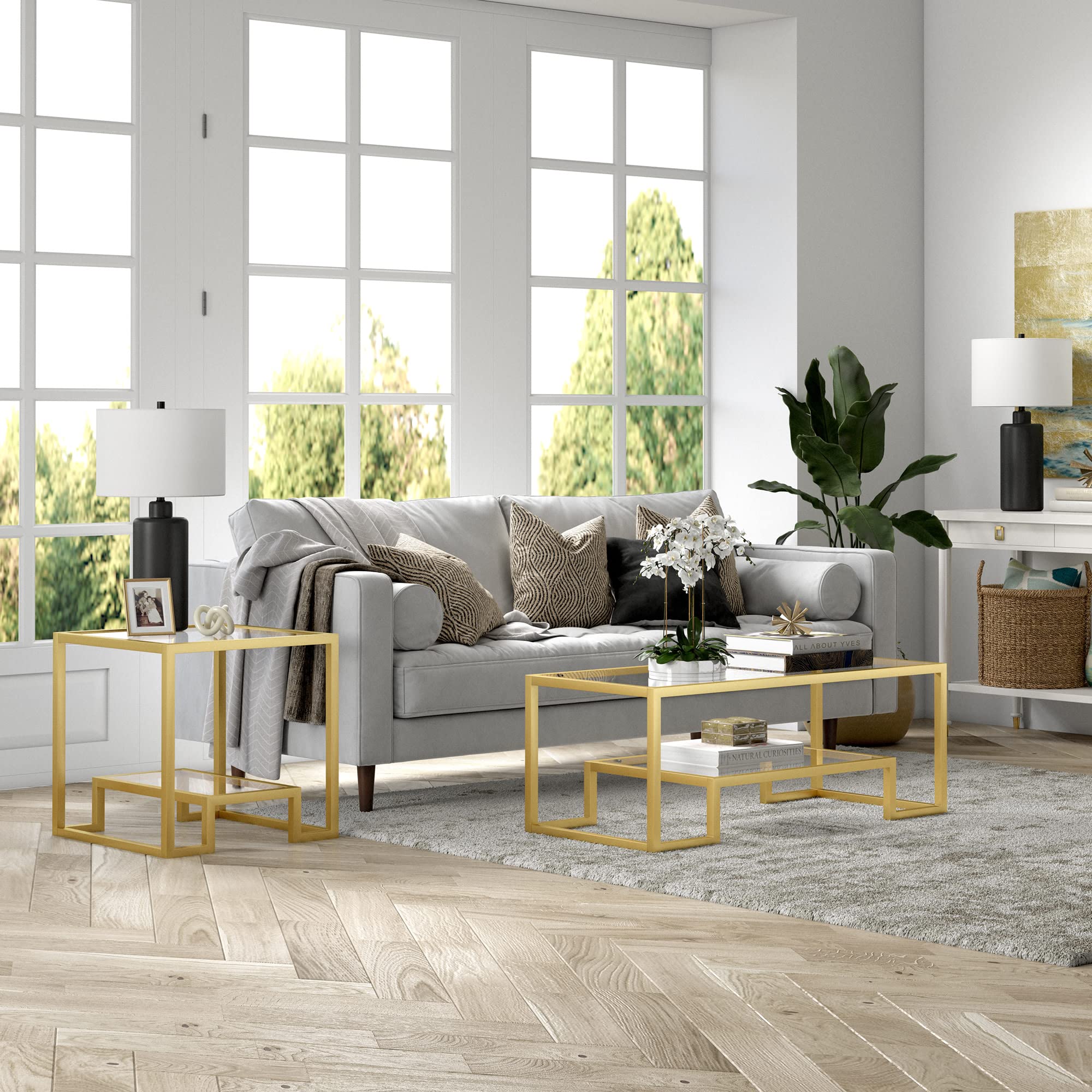 Henn&Hart 45' Wide Rectangular Coffee Table In Brass, Modern Coffee Tables For Living Room, Studio Apartment Essentials