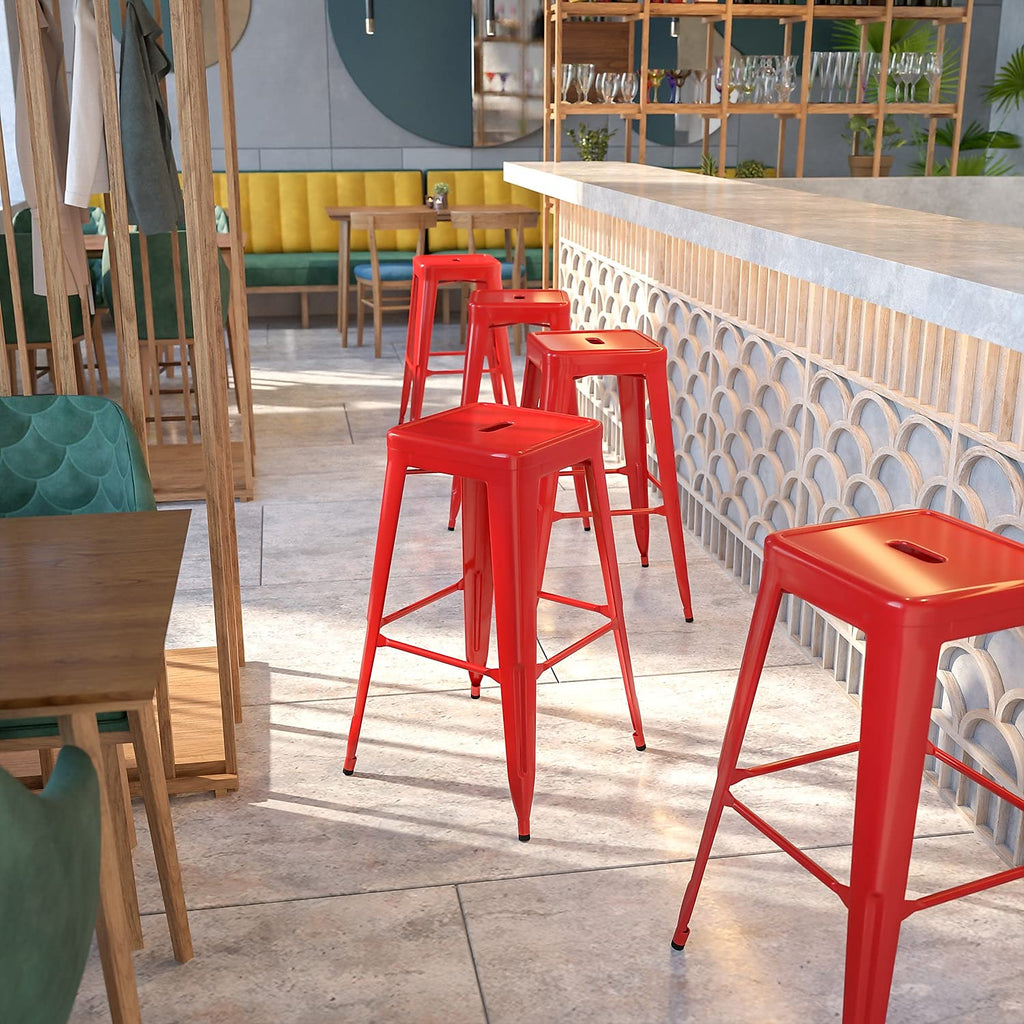 30 Inch Ht Backless Indoor/Outdoor Barstool, Red Metal, Square Seat