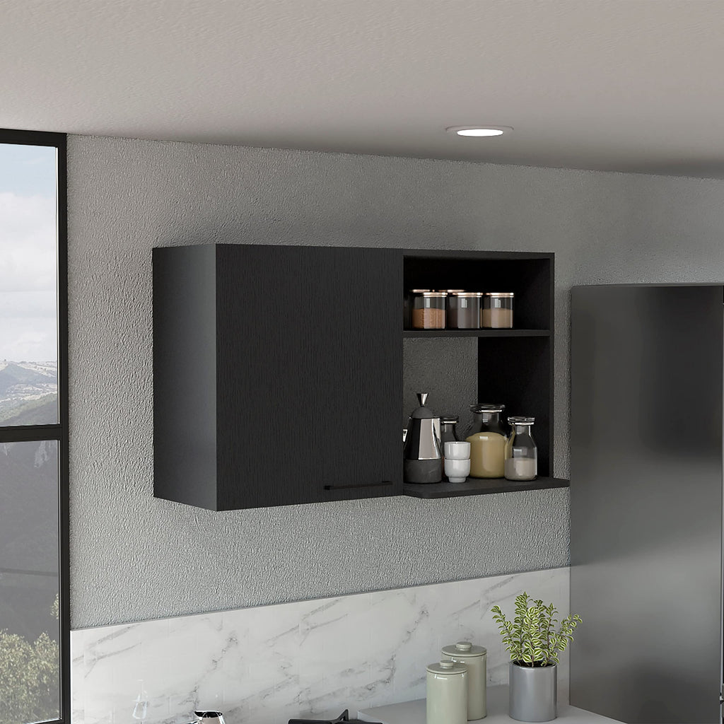 Stackable Wall Storage Cabinet 24&Quot; H, 2 Internal Shelves, 2 External Storage Shelves, 1 Door, Black