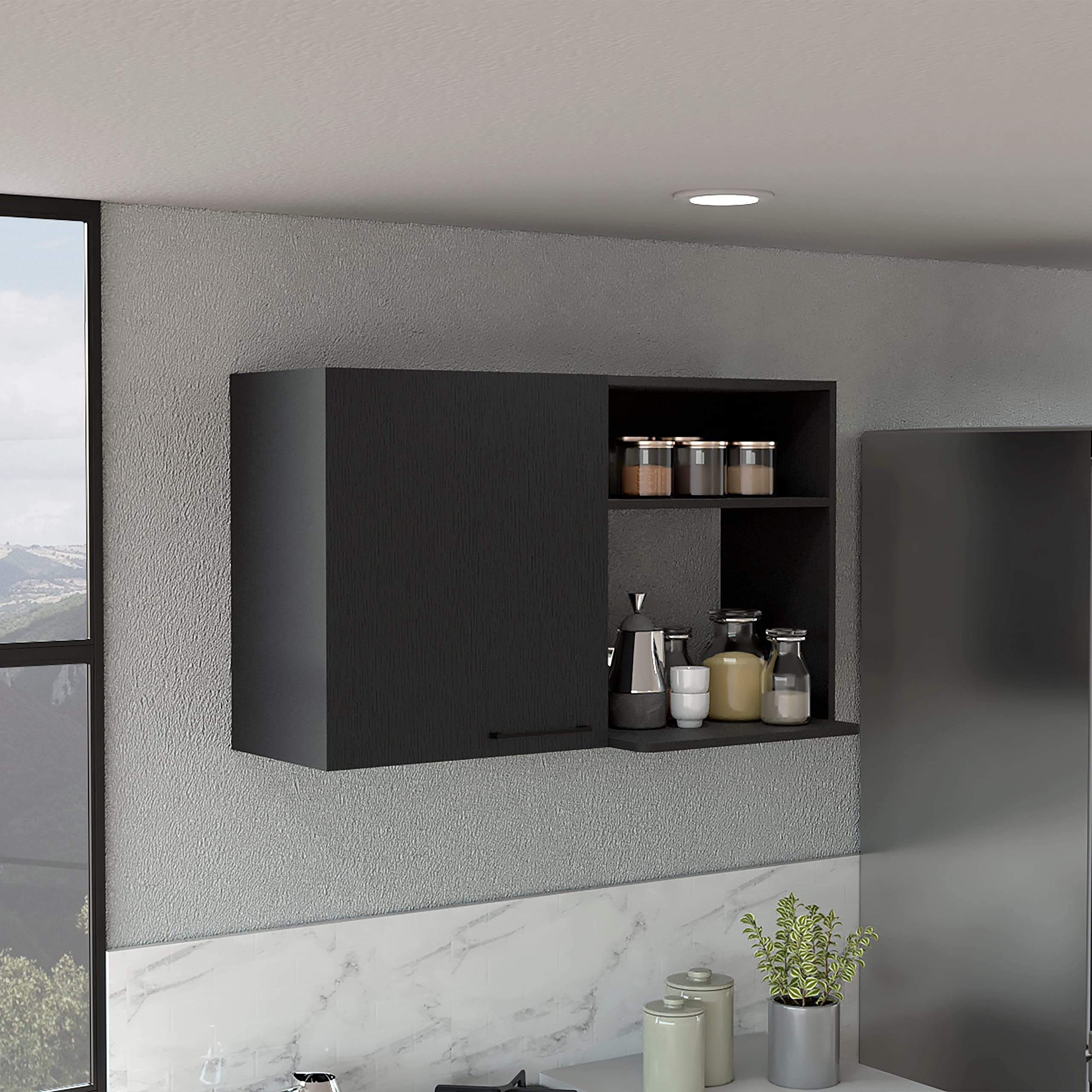 Stackable Wall Storage Cabinet 24&Quot; H, 2 Internal Shelves, 2 External Storage Shelves, 1 Door, Black