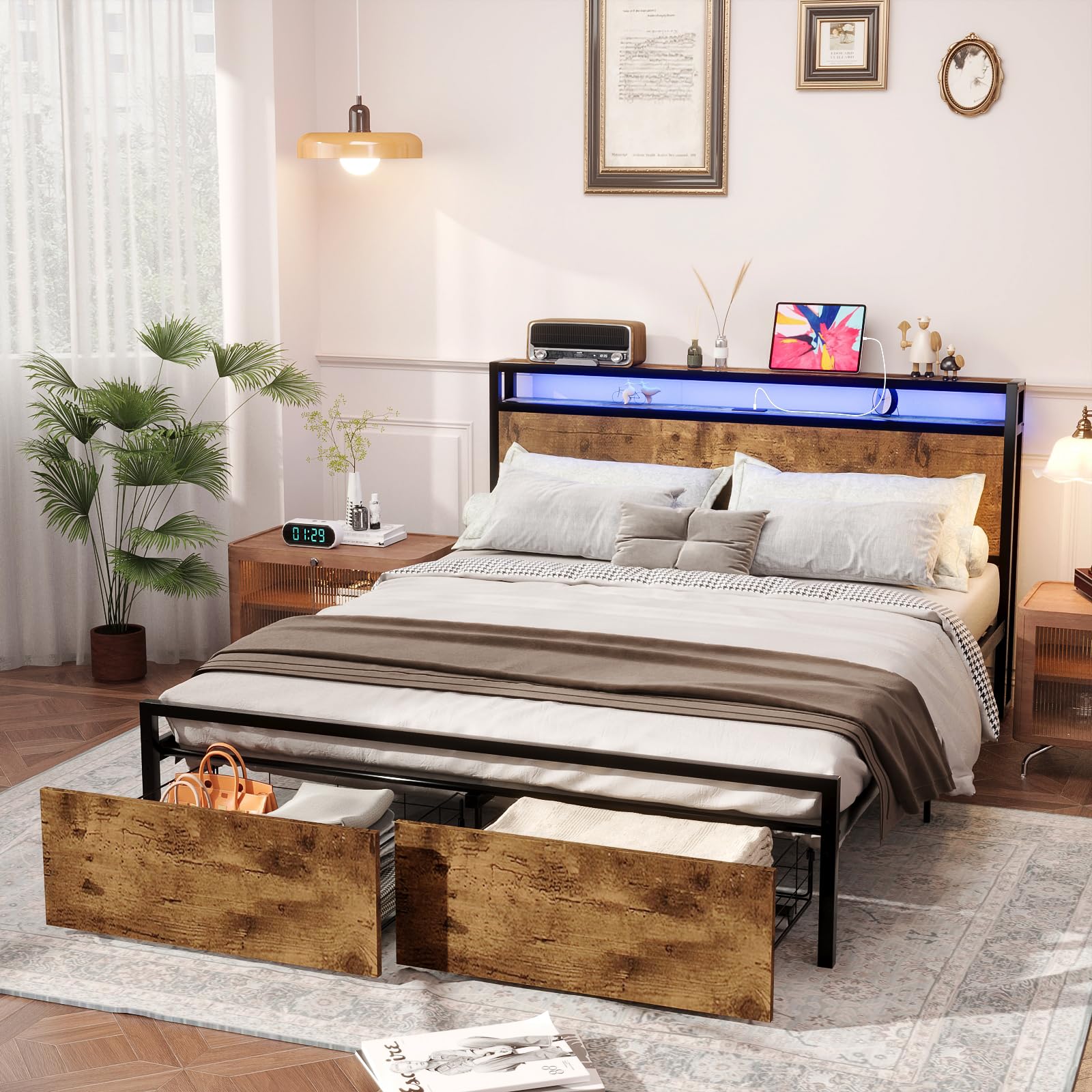 Kiivakii Queen Size Bed Frame, LED Storage Headboard with Charging Station, 2 Drawers Platform Bed Frames, Stable and Solid, No 