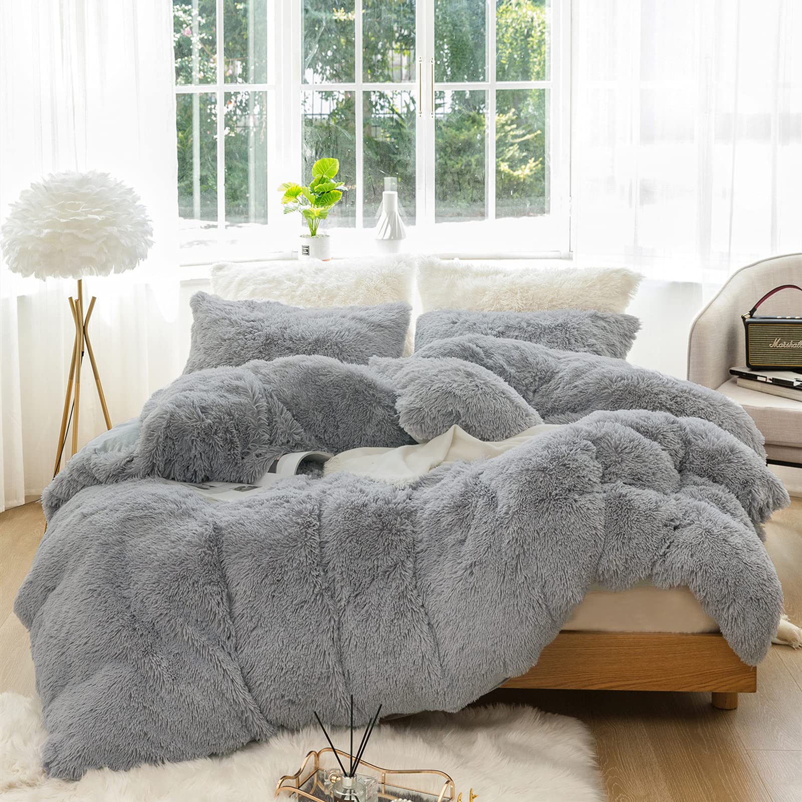 Luoyuan Plush Shaggy Duvet Cover Set 3 Pieces Aesthetic Fluffy Comforter Cover Set Ultra Soft Crystal Velvet(1 Faux Fur Comforte