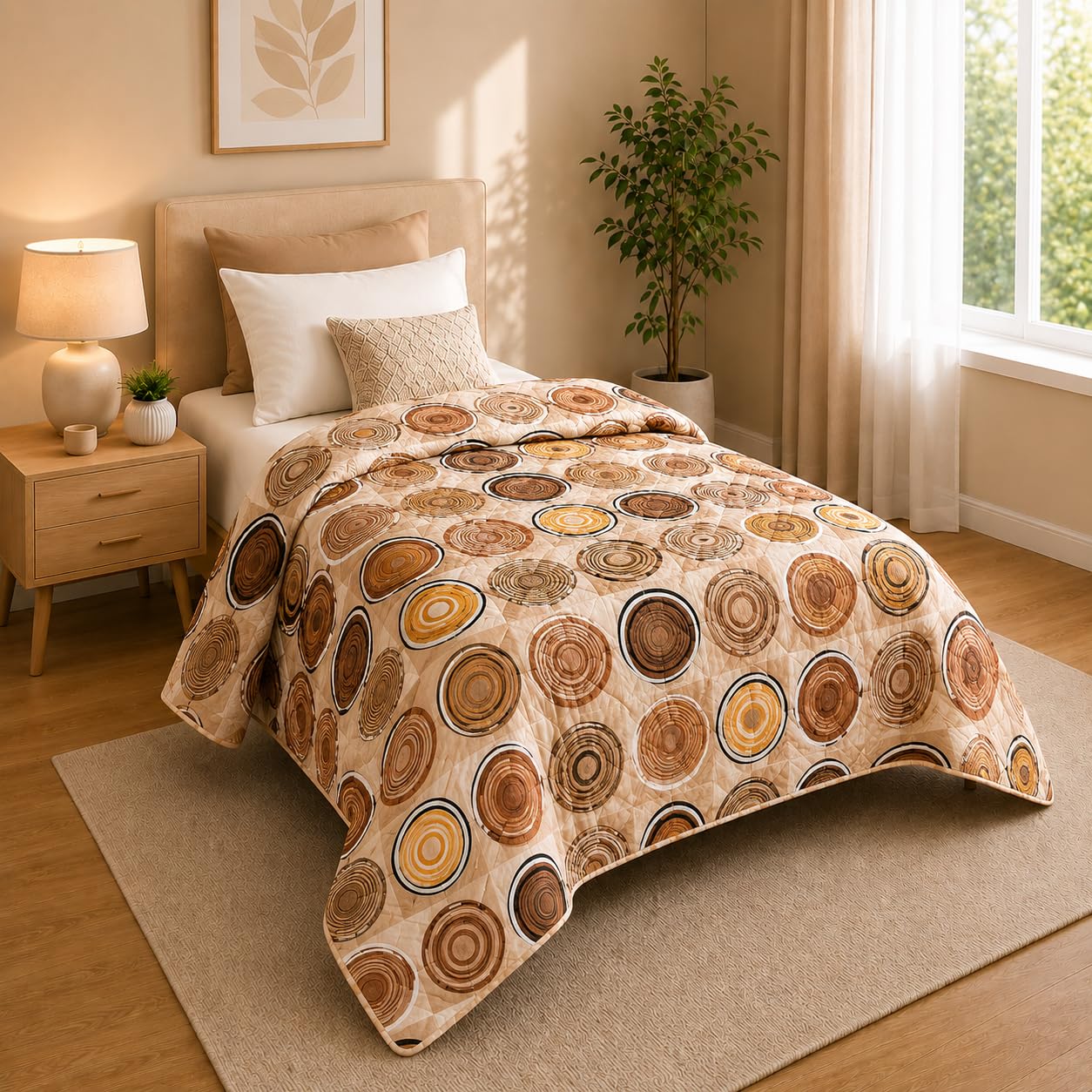 The Pillow Factory Orbit Luxe Cotton Quilt Comforter | Circular Geometric Bedding | Soft Breathable Cotton Quilt Blanket | Light