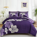 Luxudecor Dark Purple Comforter Set King Size, 7 Pieces Bed In A Bag Purple Floral Comforter And Sheet Set, Soft Microfiber Comp