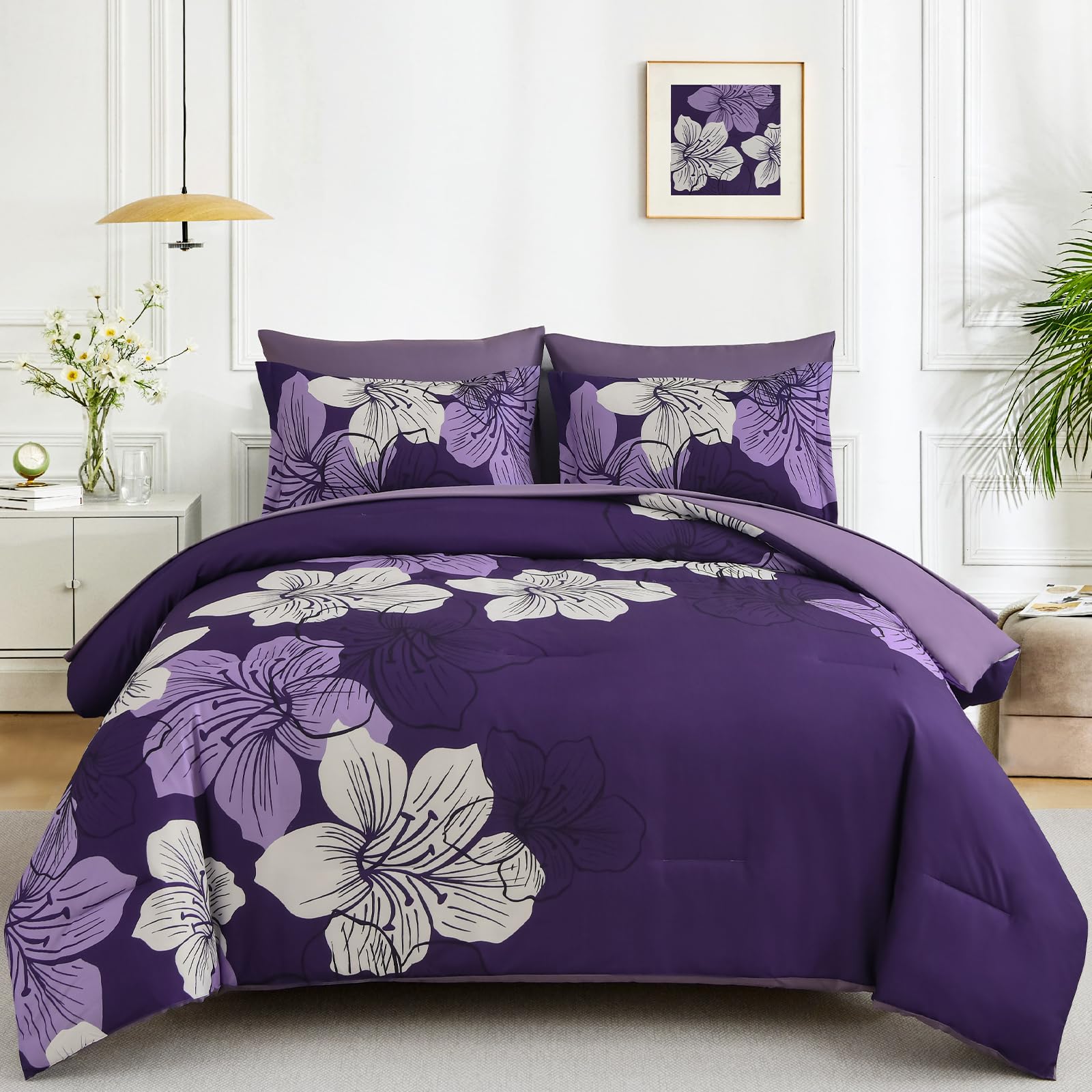 Luxudecor Dark Purple Comforter Set King Size, 7 Pieces Bed In A Bag Purple Floral Comforter And Sheet Set, Soft Microfiber Comp